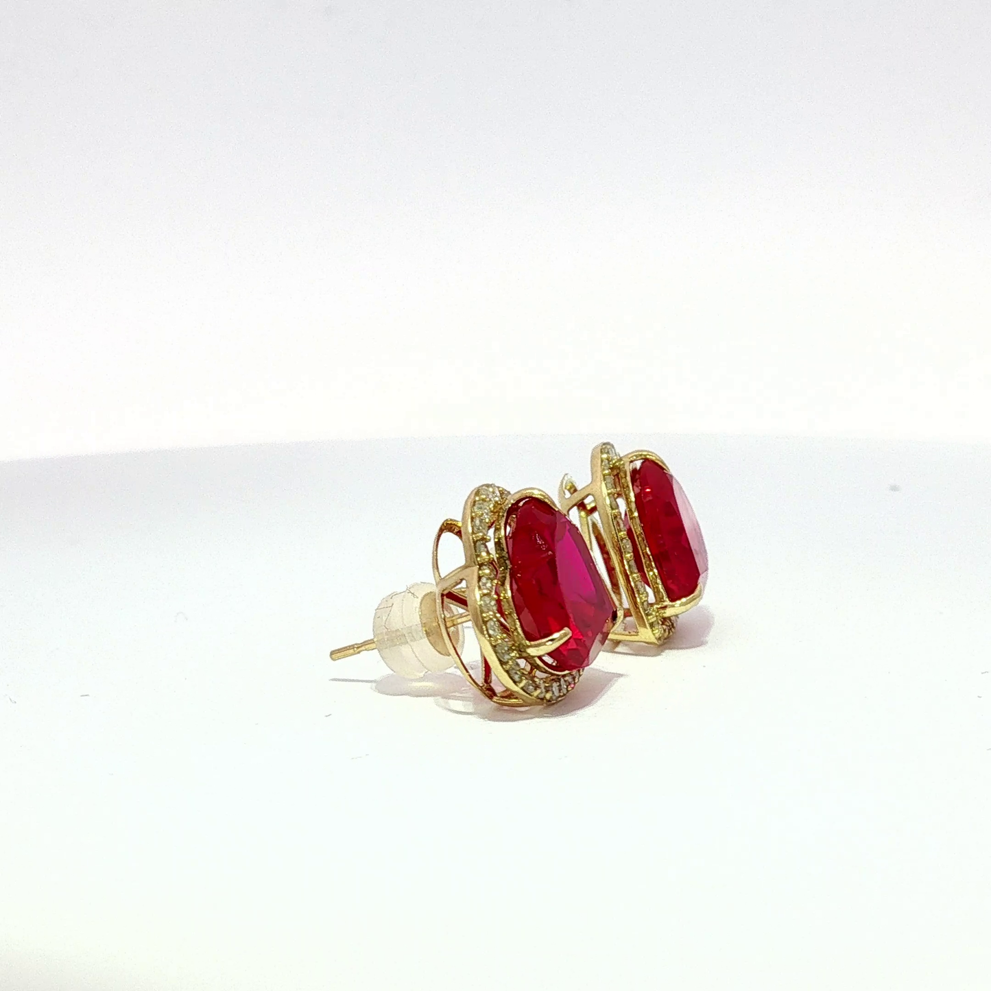 Yellow Gold Heart-Shaped Ruby Halo Stud Earrings