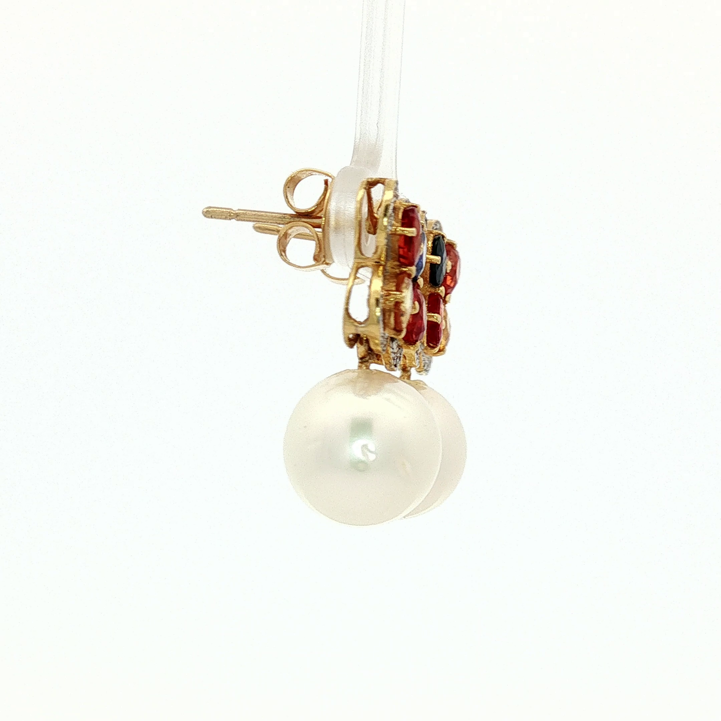 Yellow Gold Multi-Gemstone Floral Pearl Drop Earrings