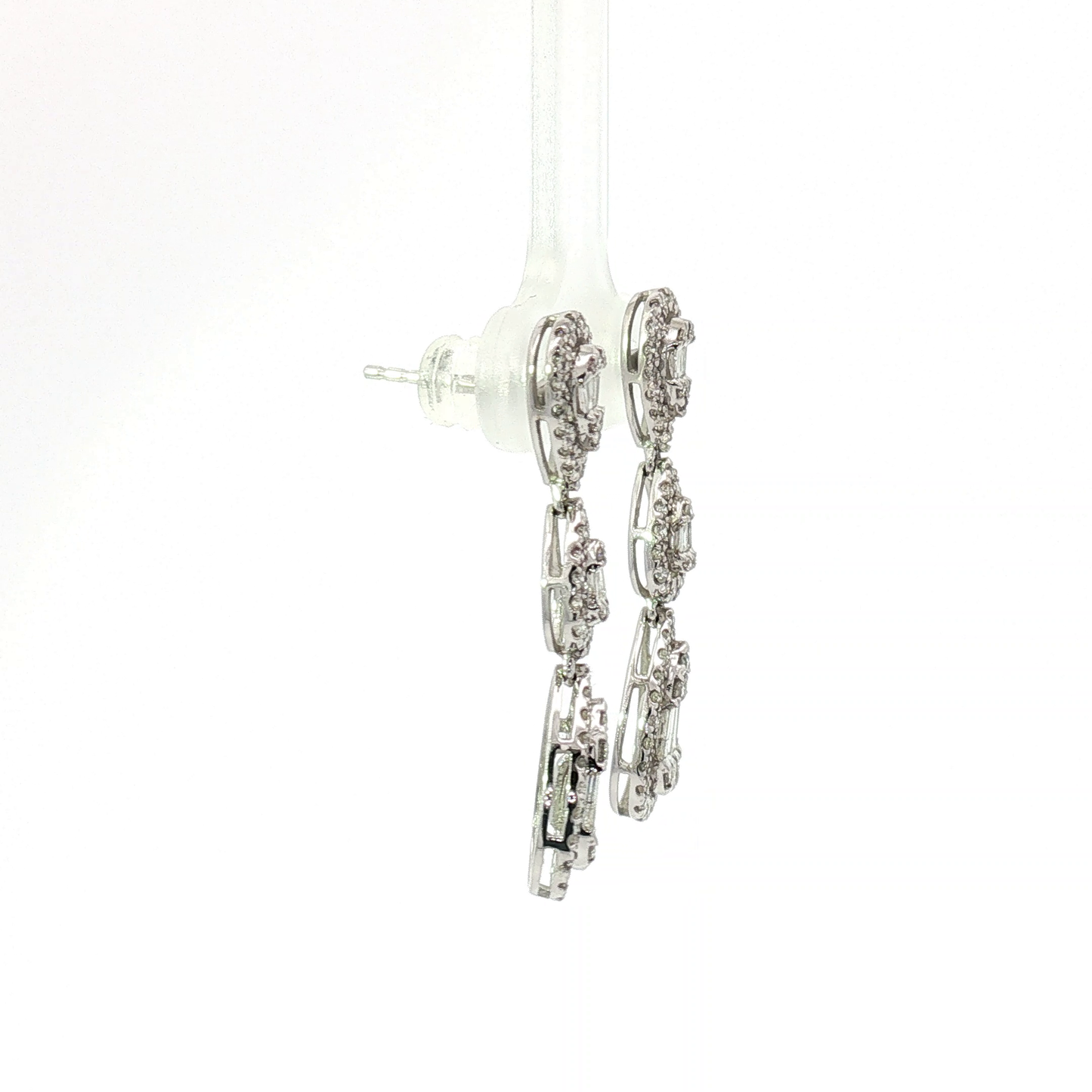 Triple Teardrop Diamond Halo Drop Earrings in White Gold