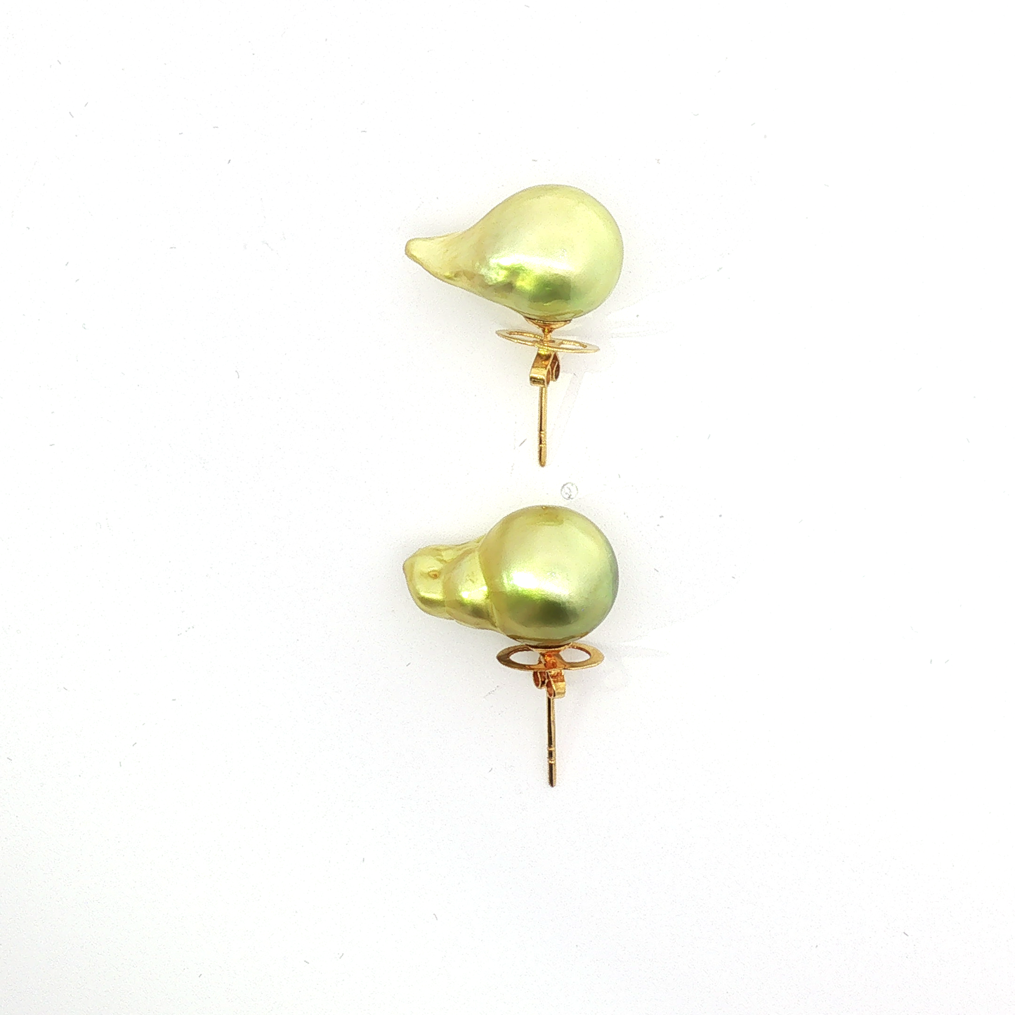 Golden Green Baroque Pearl Stud Earrings in Yellow Gold