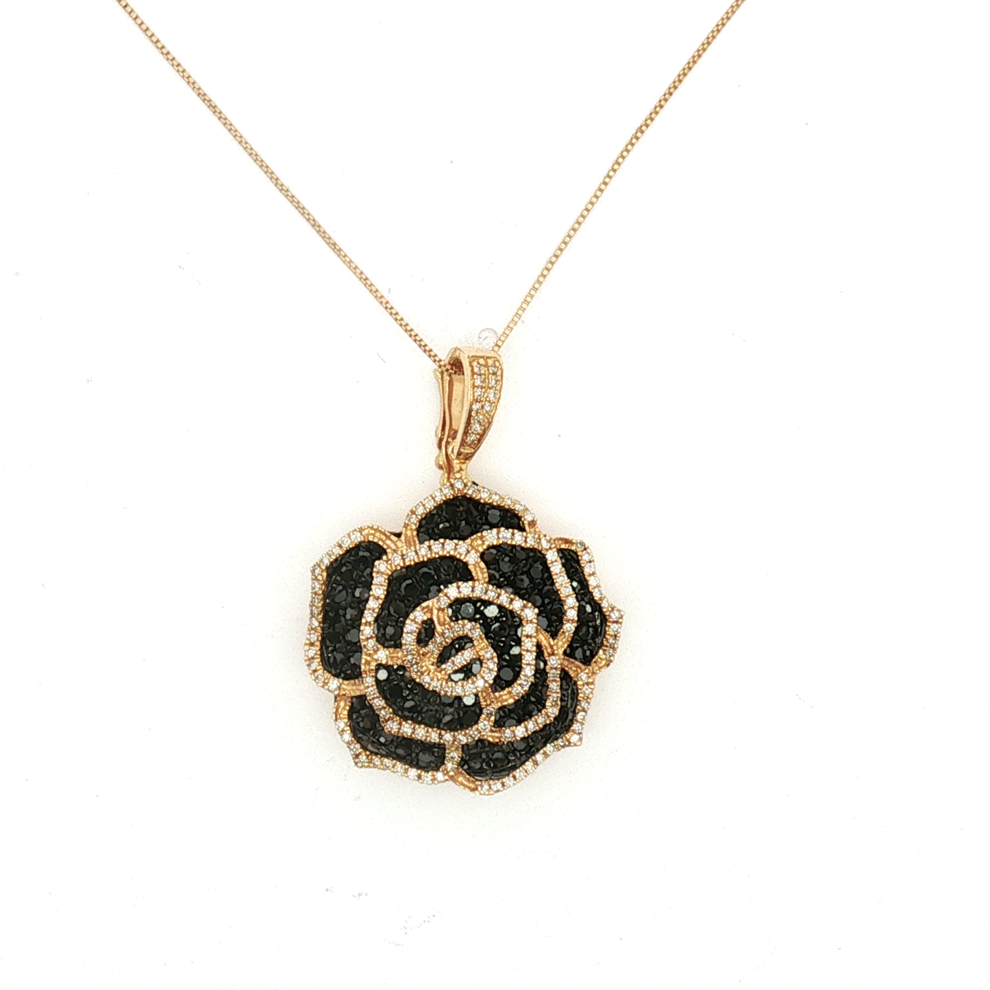 Rose Gold Black Diamond Floral Pendant Necklace