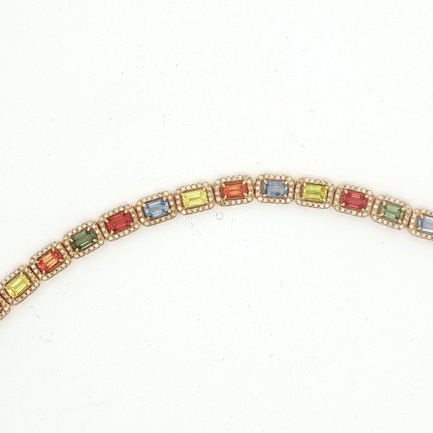 Multi-Color Sapphire Halo Chain Bracelet and Necklace in Yellow Gold