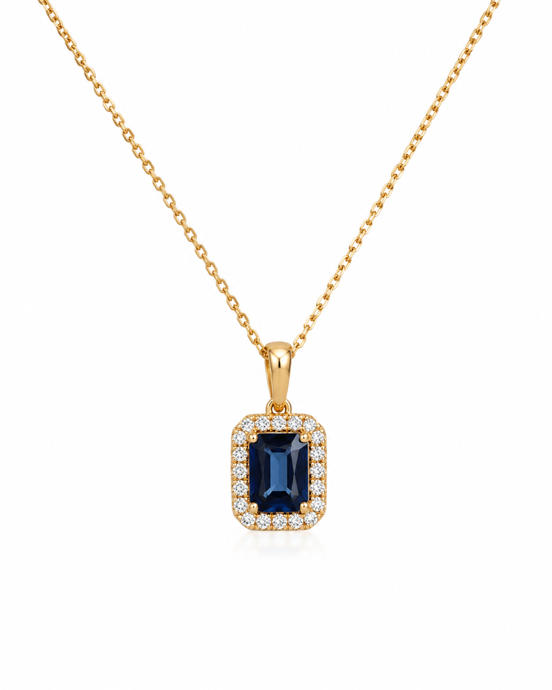 Royal Blue Sapphire Halo Diamond Pendant Necklace — White Gold