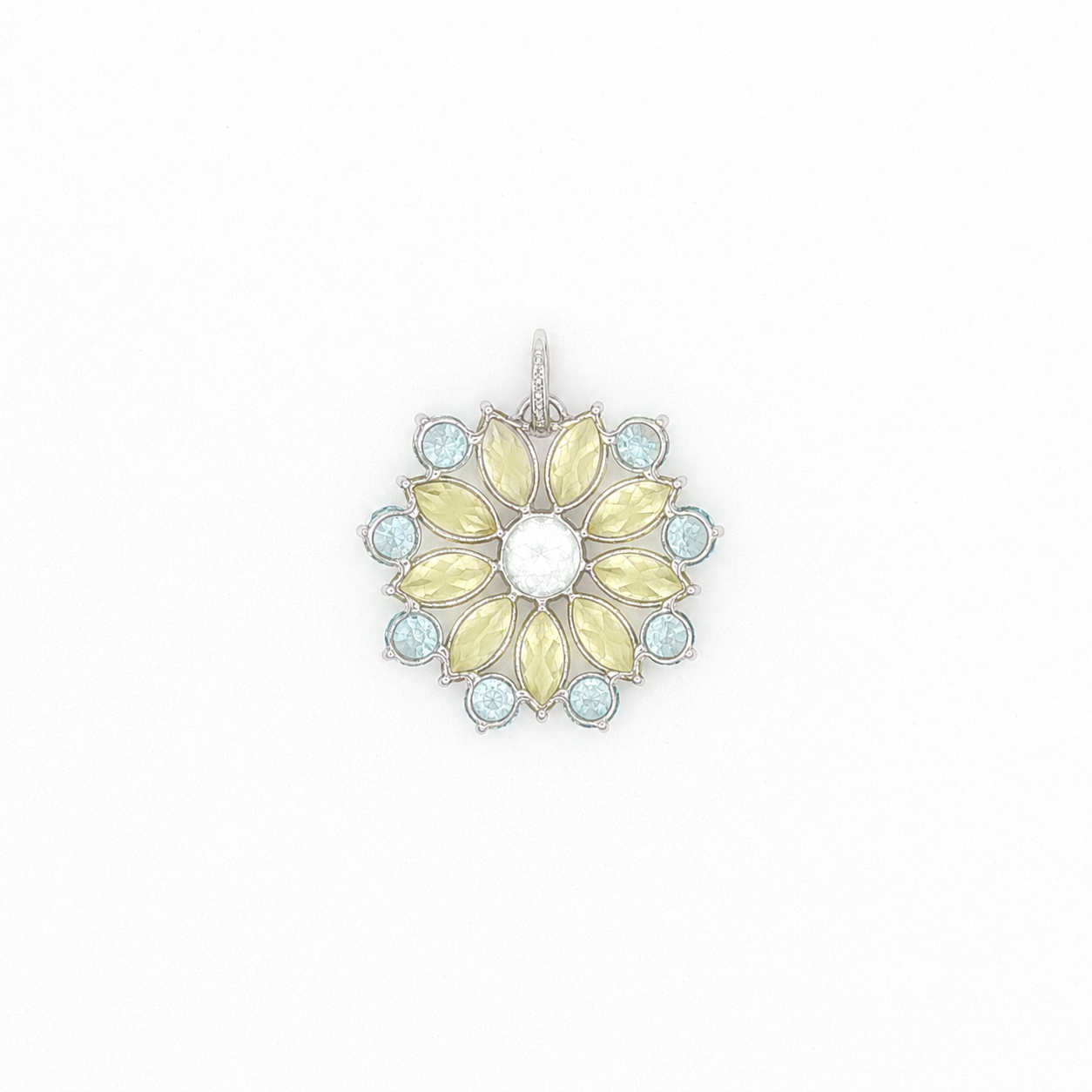 Floral Sunburst Blue Topaz Pendant in White Gold