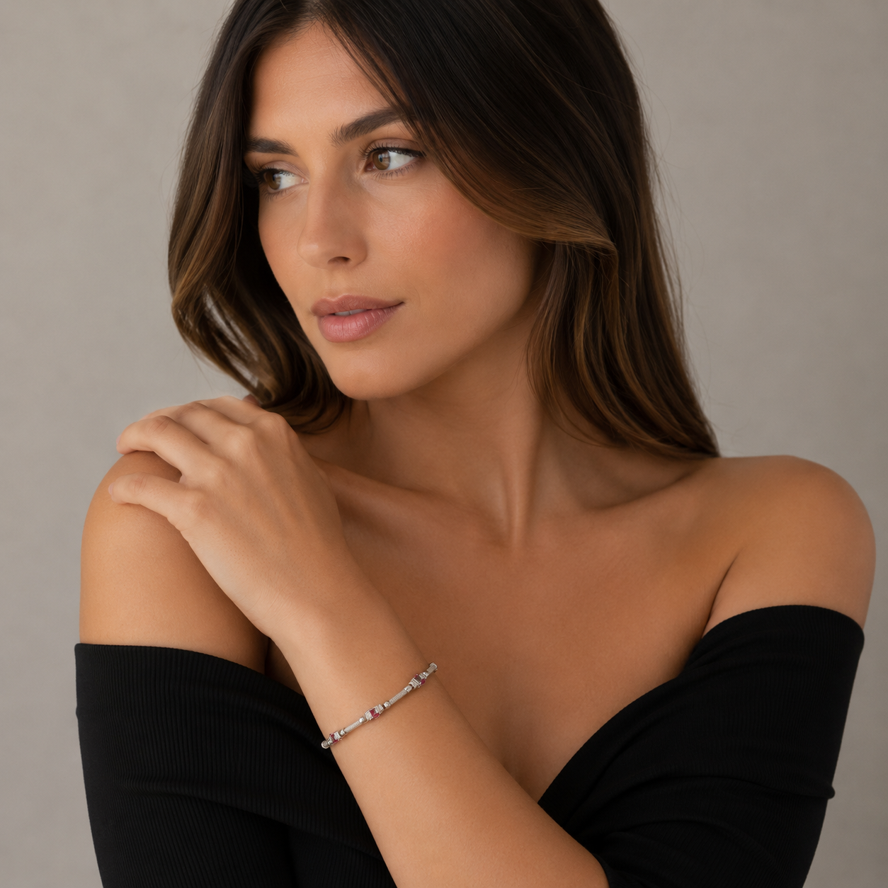 White Gold Textured Choker Necklace with Three Red Rubies