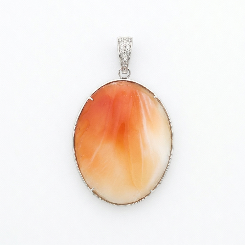 White Gold Agate Cameo Pendant with Diamond-Accented Bail