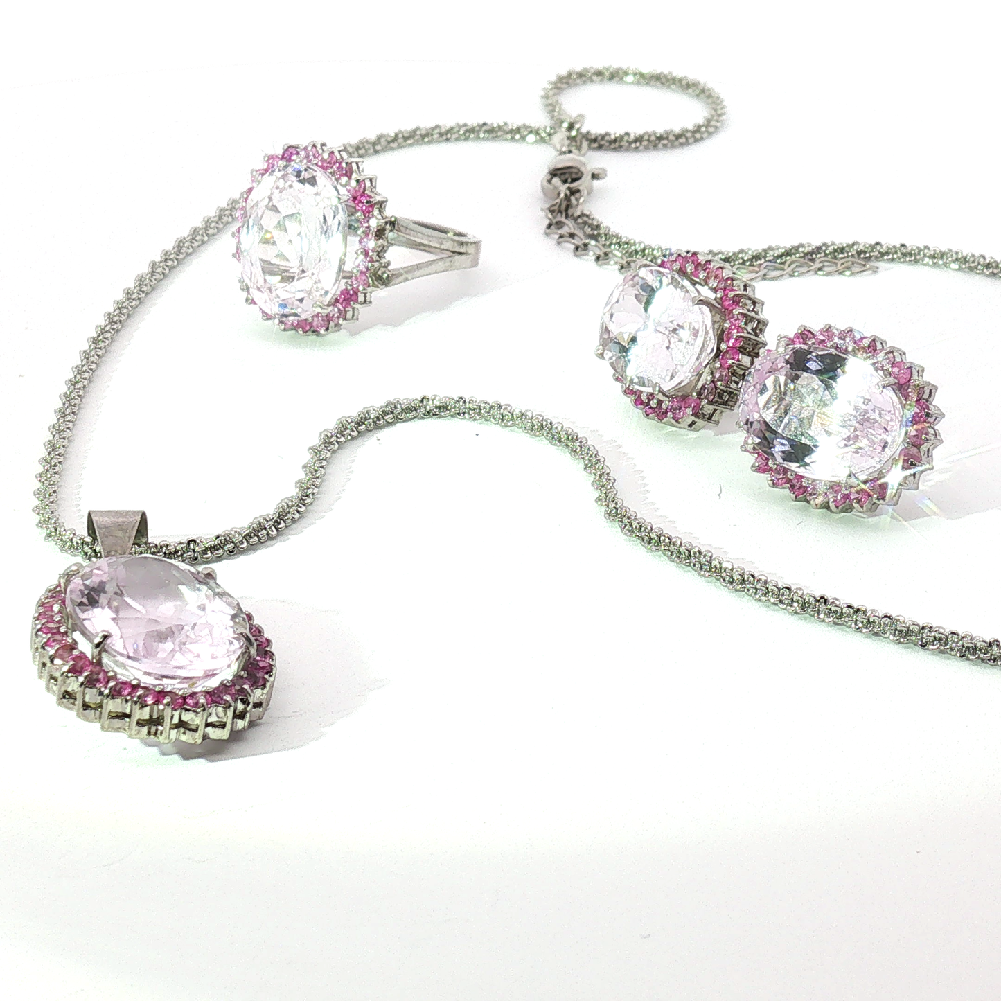White Gold Pink Morganite and Sapphire Halo Jewelry Set