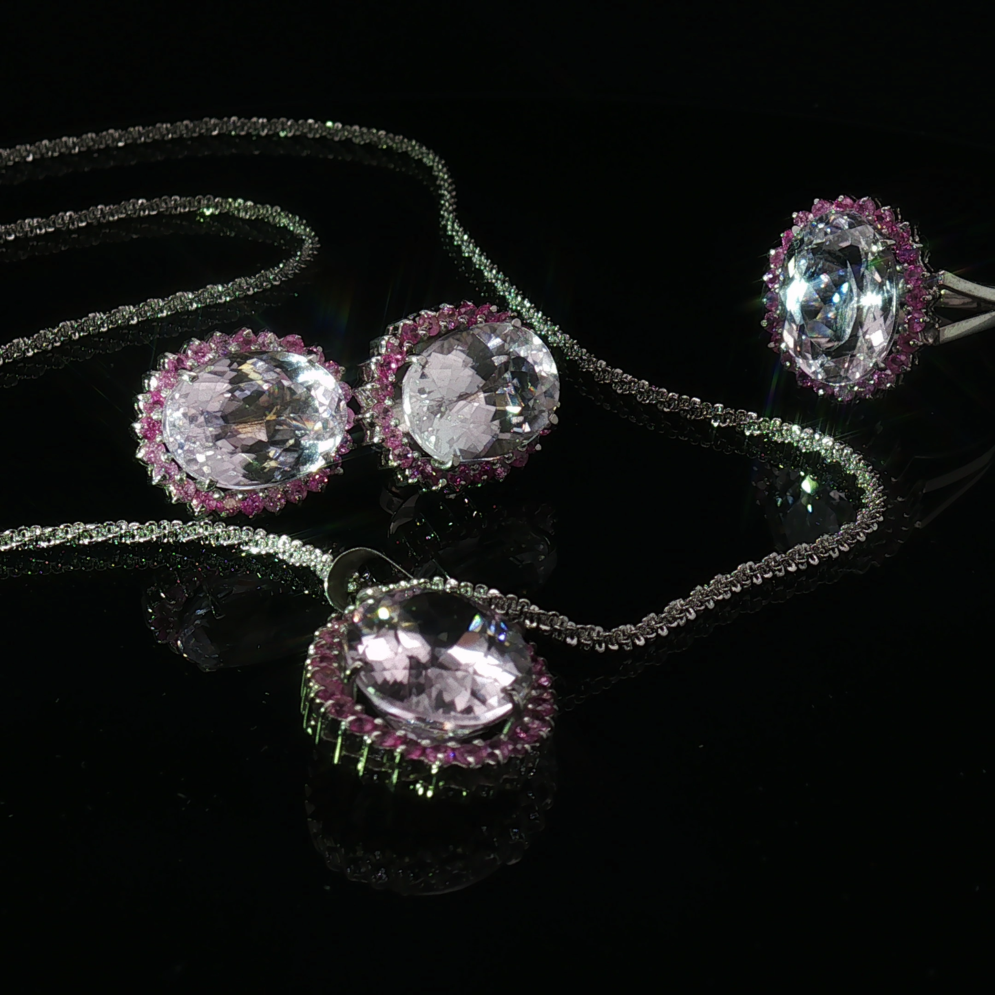 White Gold Pink Morganite and Sapphire Halo Jewelry Set