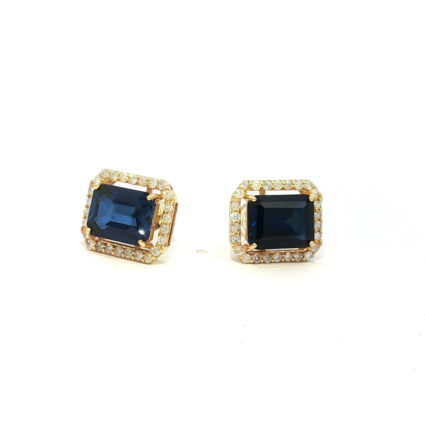 18k Yellow Gold Diamond and Royal Blue Sapphire Stud Earrings