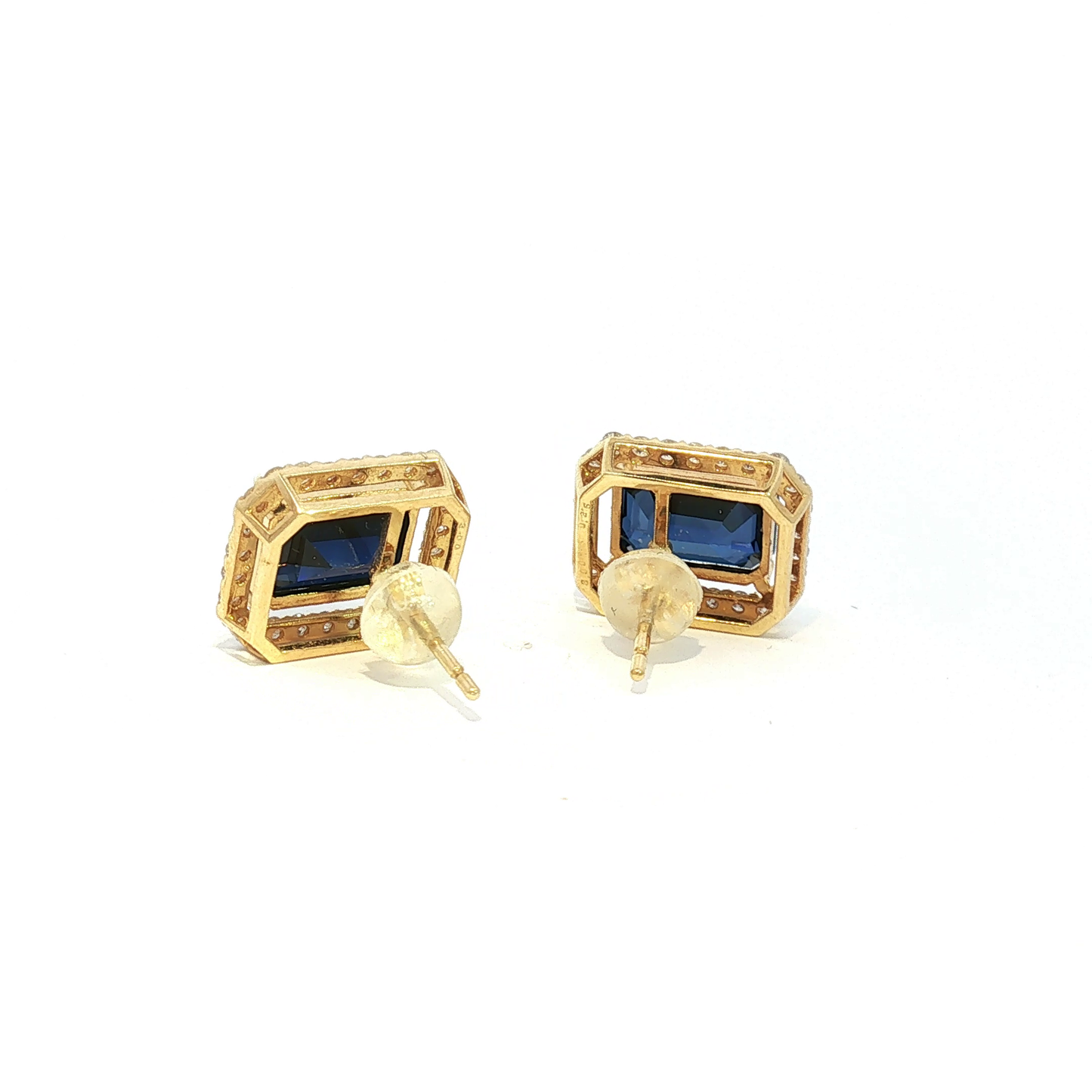 18k Yellow Gold Diamond and Royal Blue Sapphire Stud Earrings