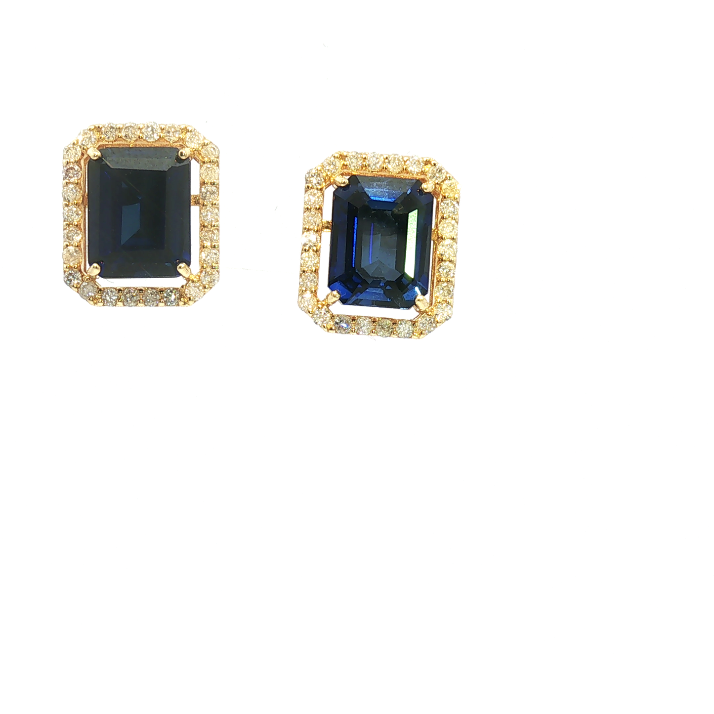 18k Yellow Gold Diamond and Royal Blue Sapphire Stud Earrings