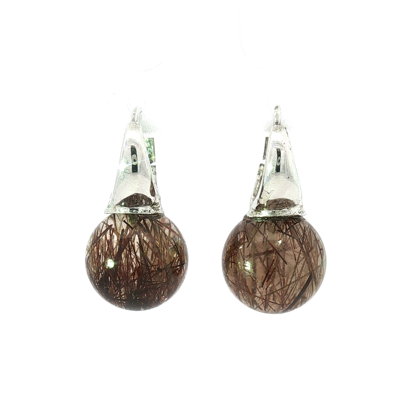 Silver Drop Earrings with Natural Copper Inclusion Spheres