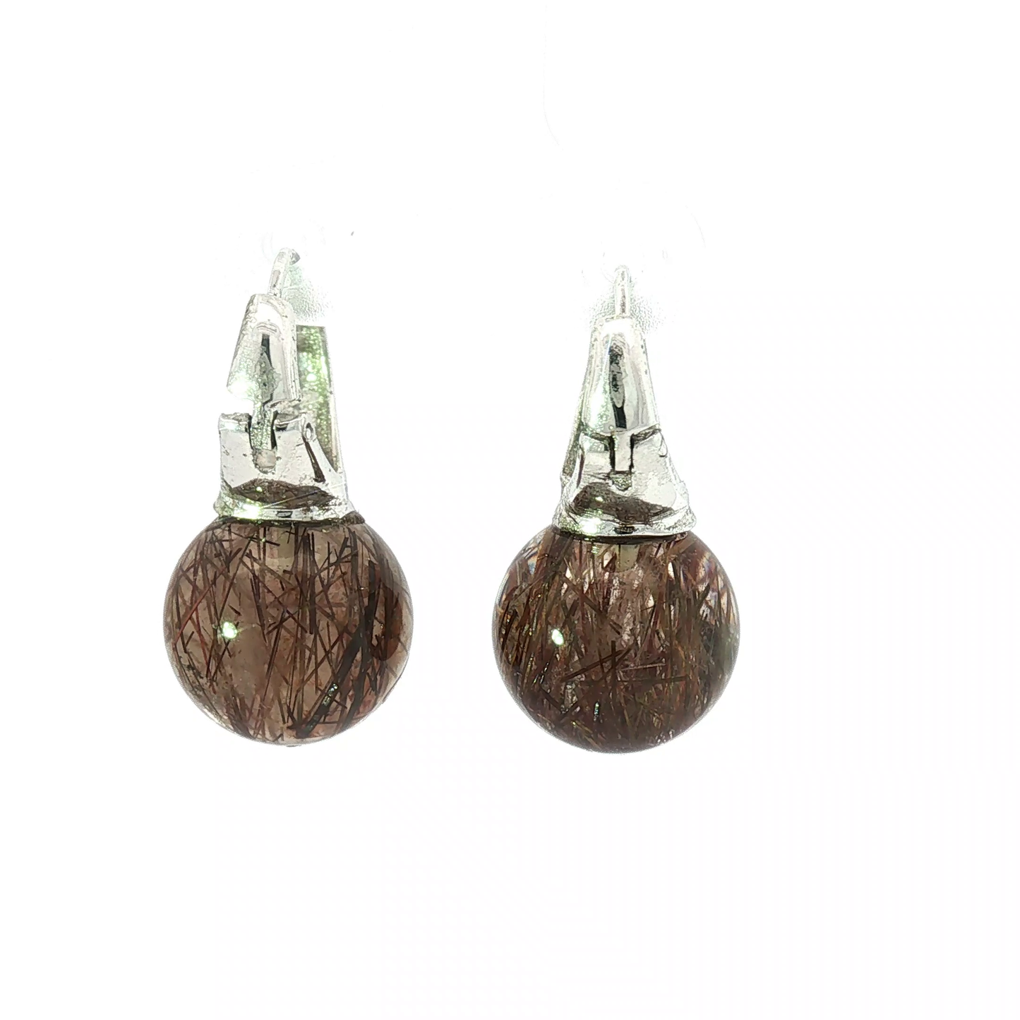 Silver Drop Earrings with Natural Copper Inclusion Spheres