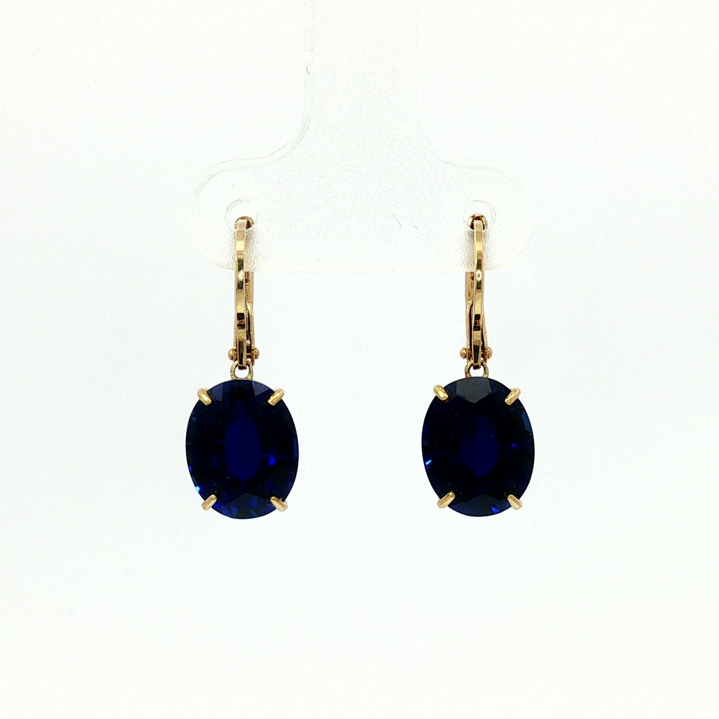 Oval Royal Blue Sapphire Drop Earrings in Yellow Gold
