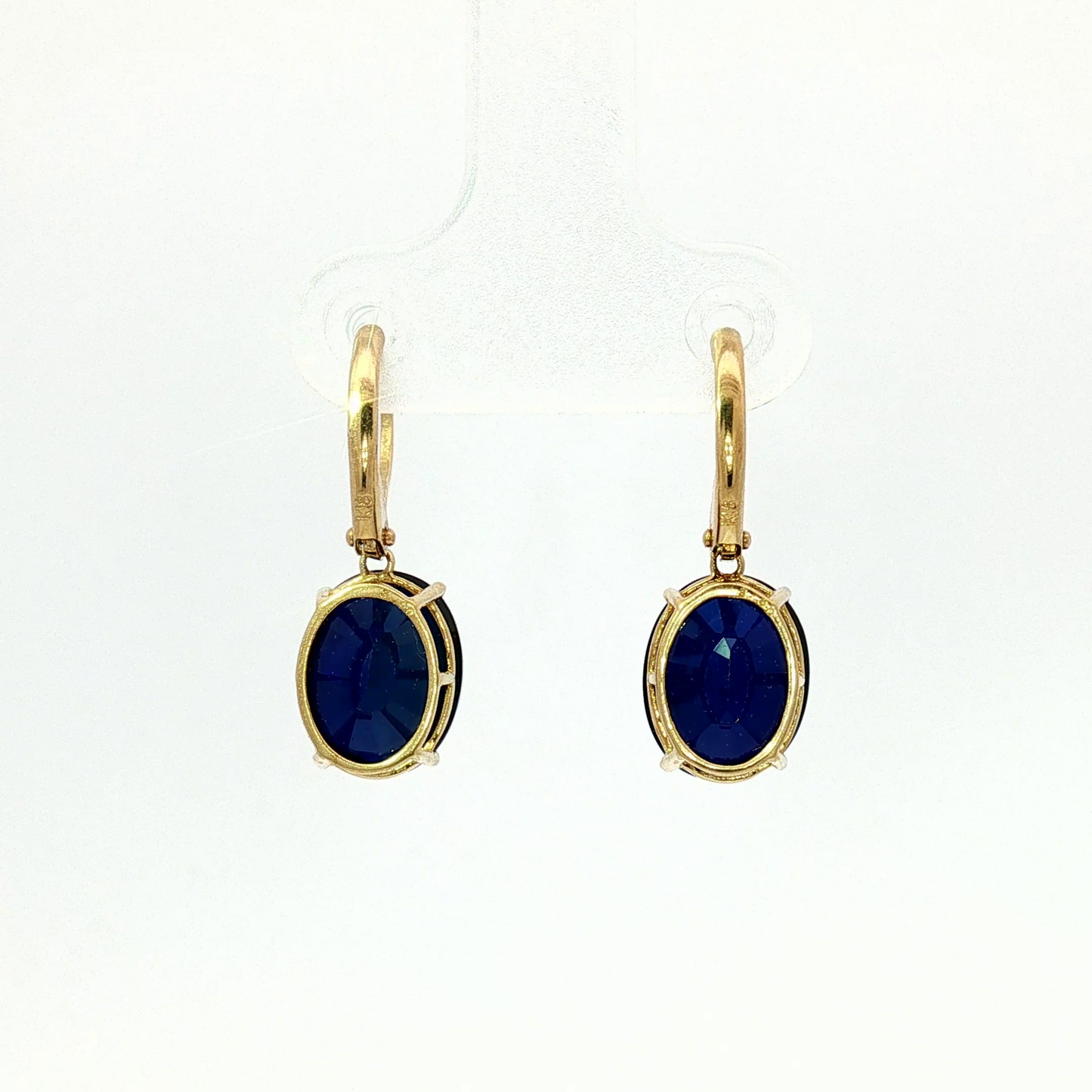 Oval Royal Blue Sapphire Drop Earrings in Yellow Gold