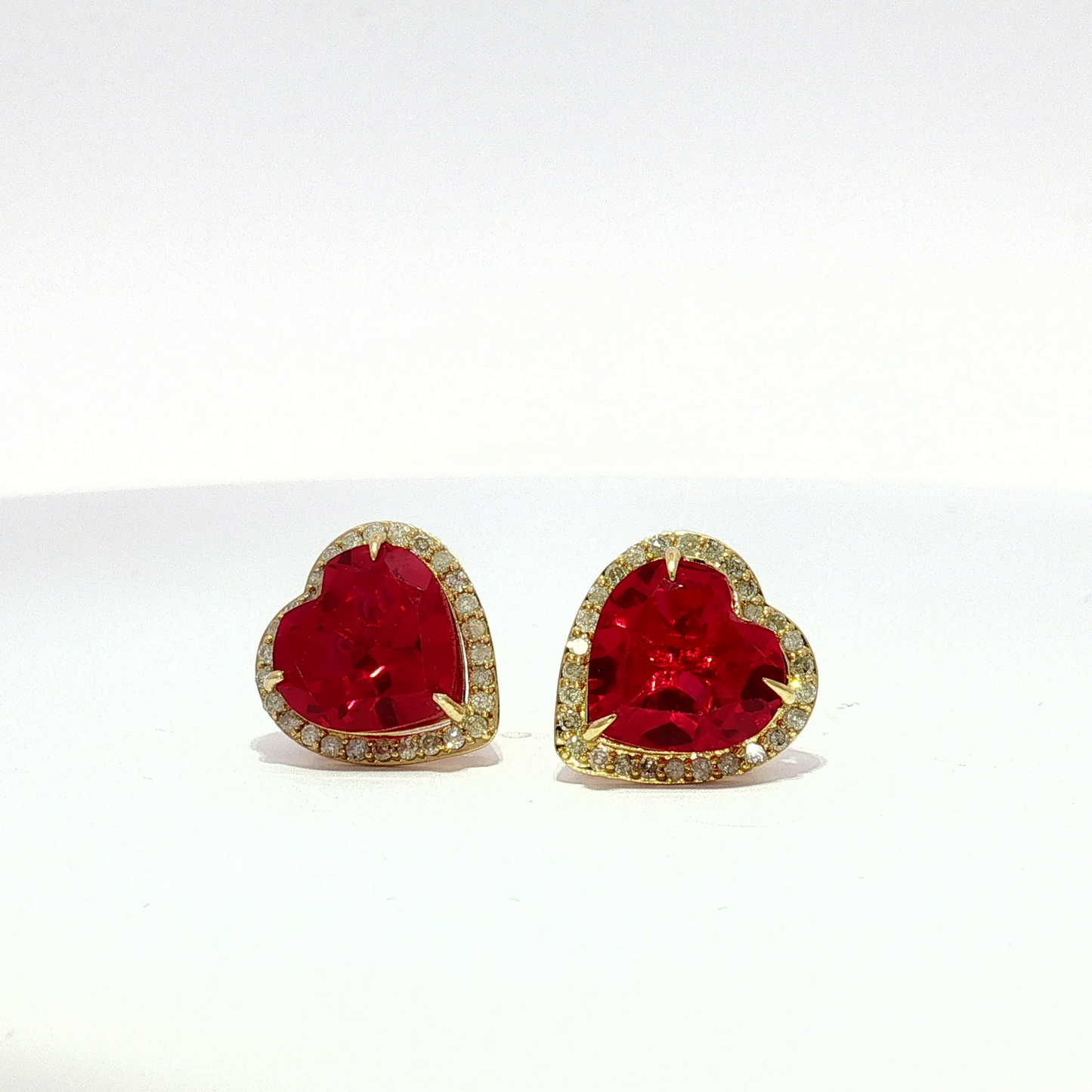 Yellow Gold Heart-Shaped Ruby Halo Stud Earrings