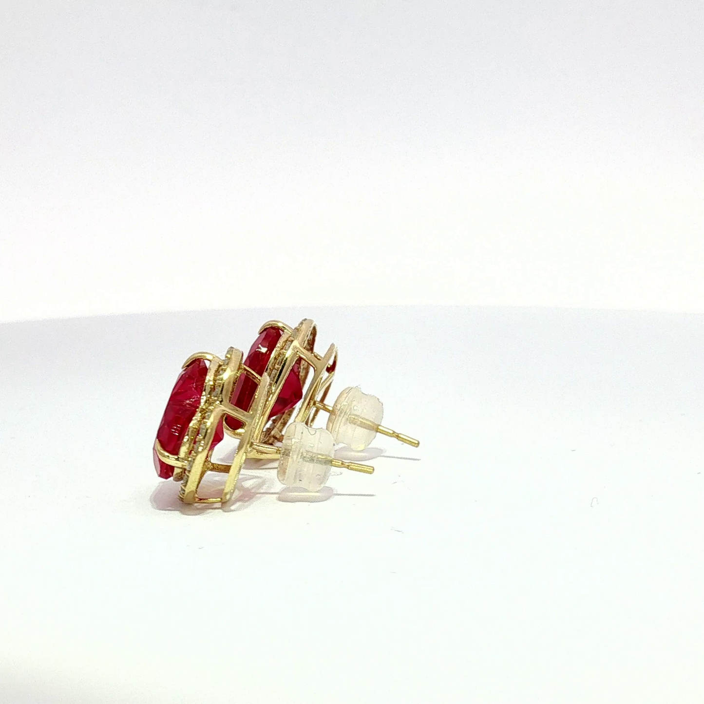 Yellow Gold Heart-Shaped Ruby Halo Stud Earrings