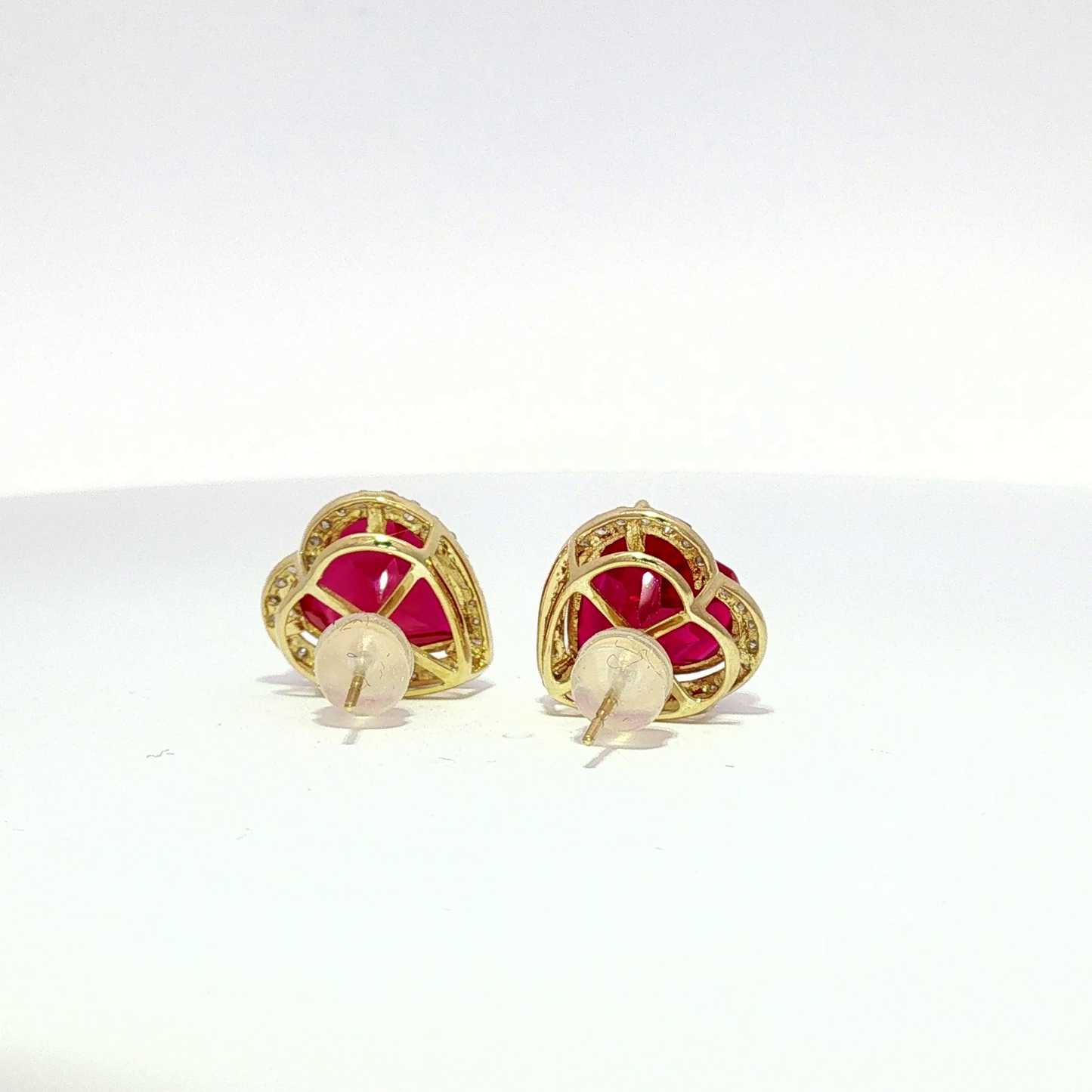 Yellow Gold Heart-Shaped Ruby Halo Stud Earrings