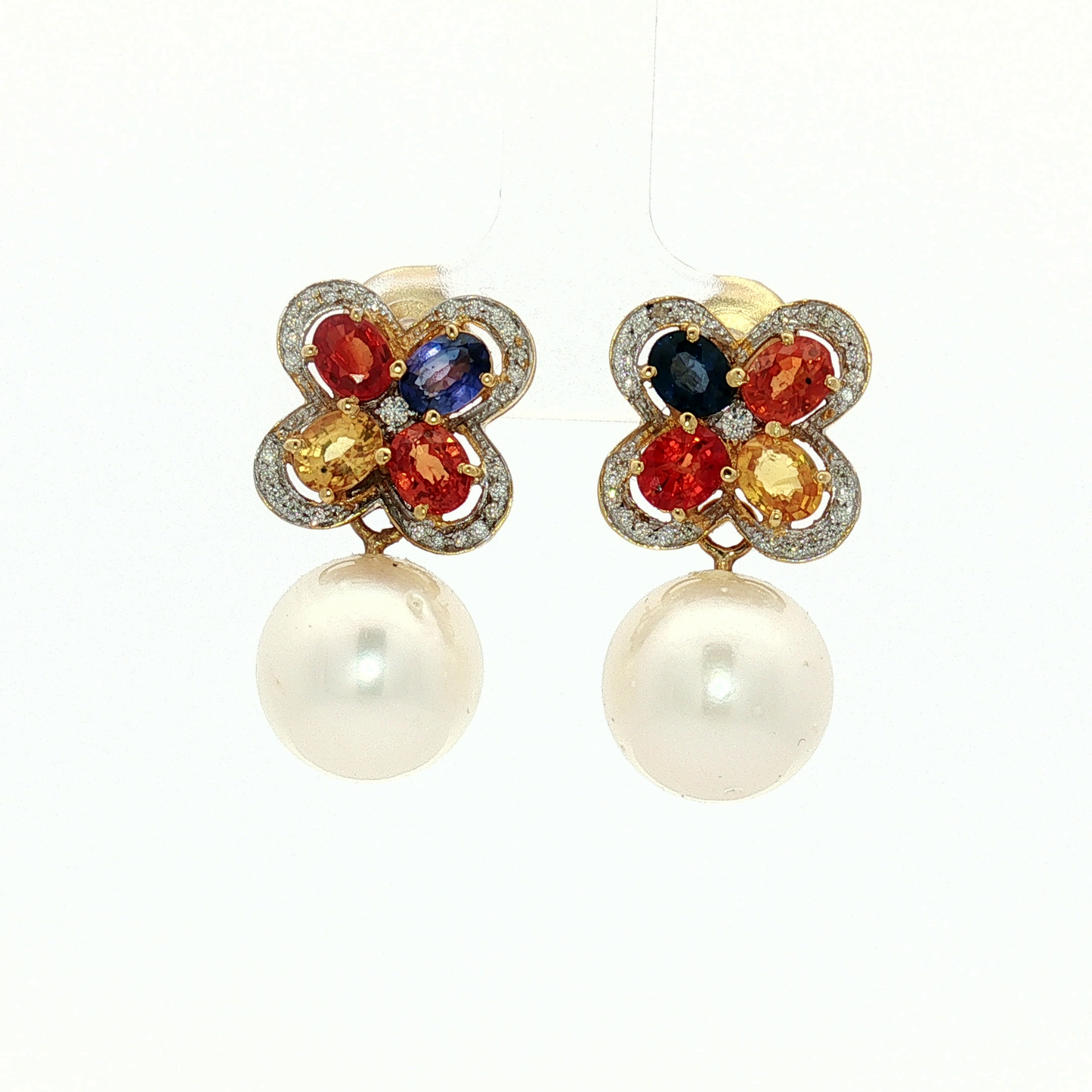 Yellow Gold Multi-Gemstone Floral Pearl Drop Earrings