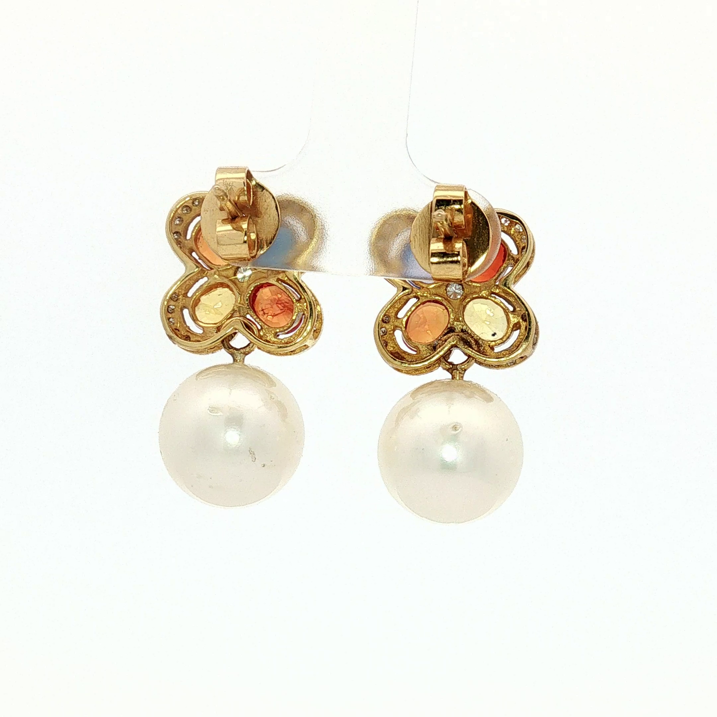 Yellow Gold Multi-Gemstone Floral Pearl Drop Earrings