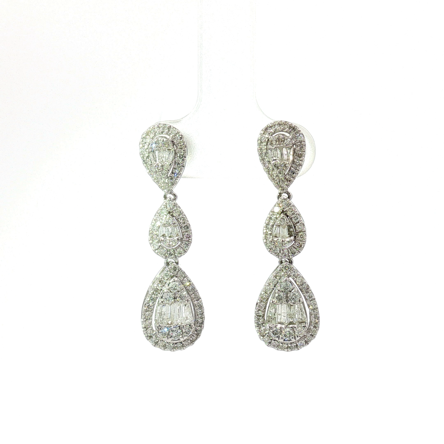 Triple Teardrop Diamond Halo Drop Earrings in White Gold
