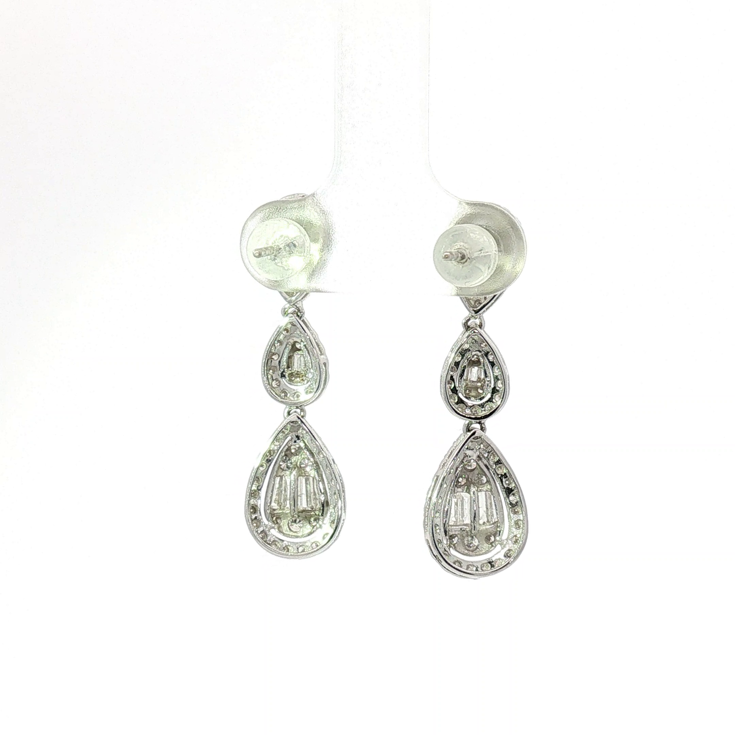Triple Teardrop Diamond Halo Drop Earrings in White Gold