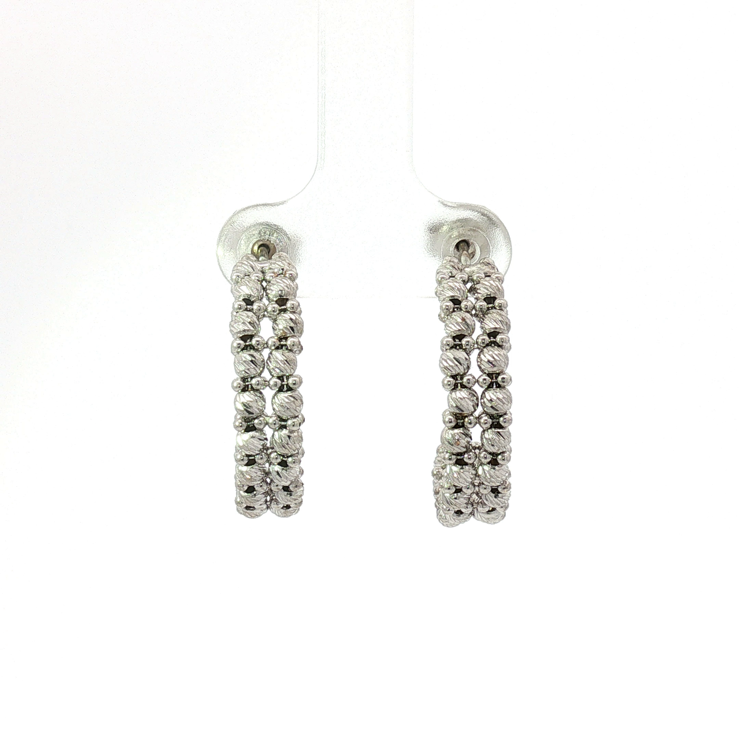 White Gold Textured Bead Double Row Hoop Earrings