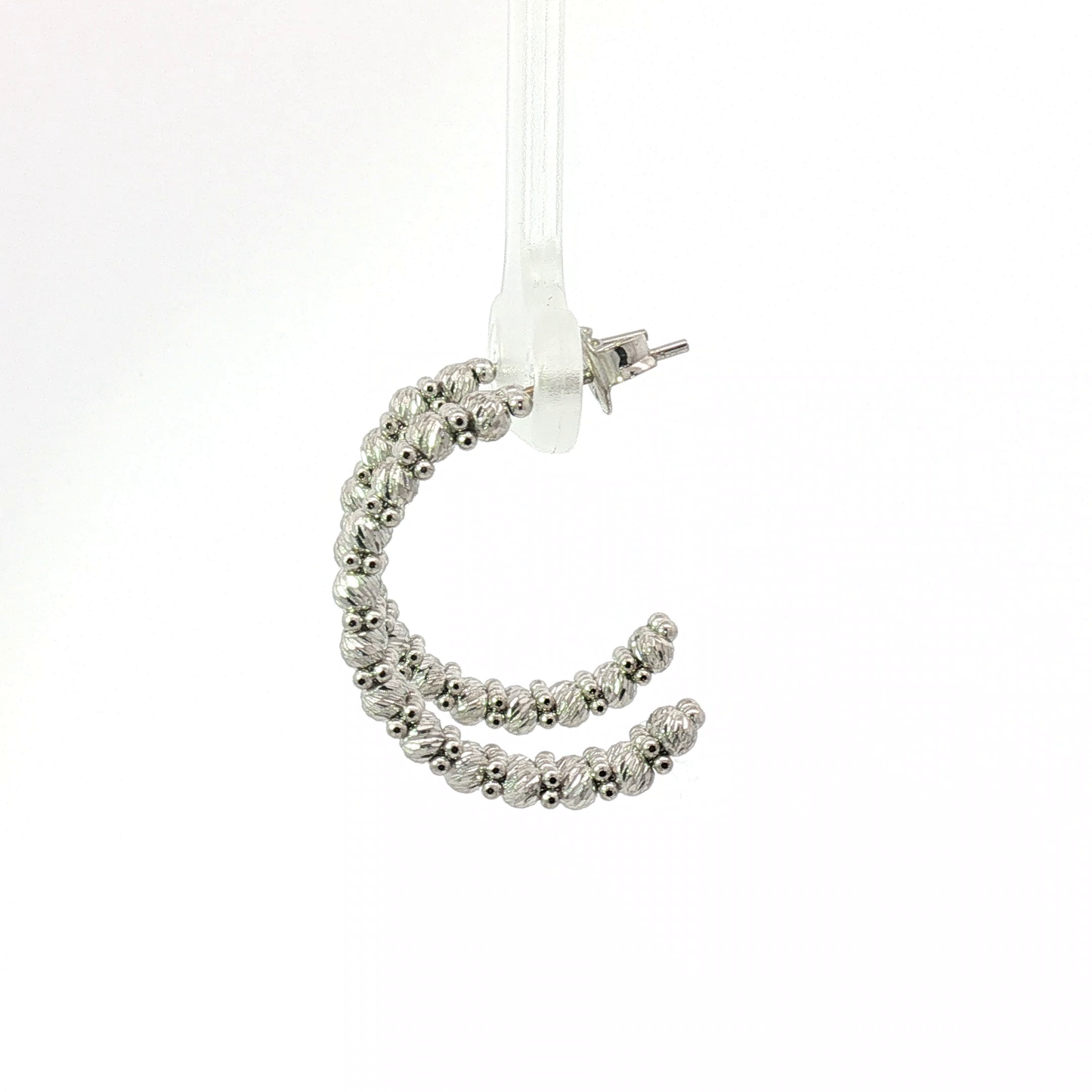 White Gold Textured Bead Double Row Hoop Earrings