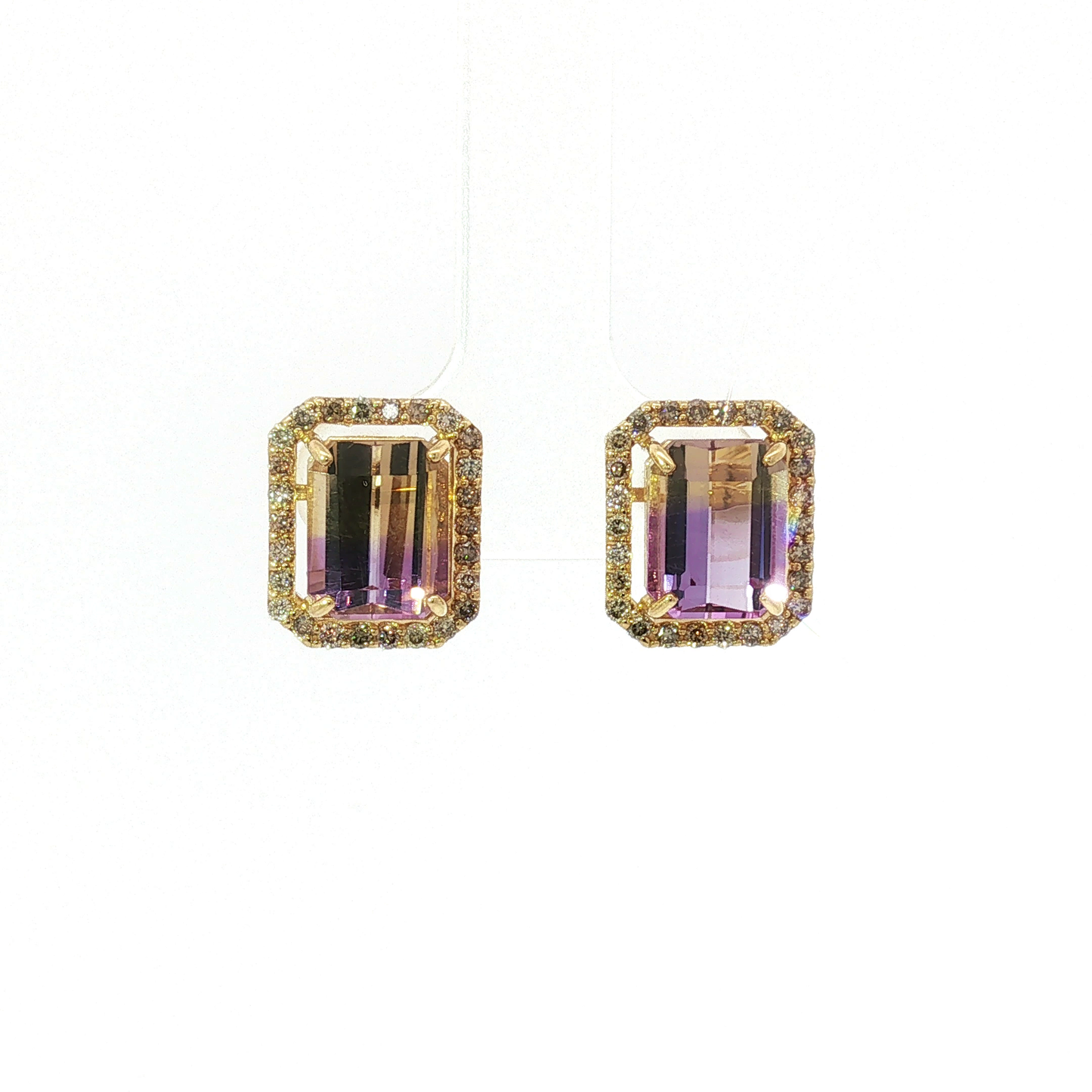 Rectangular Amethyst Halo Stud Earrings in Yellow Gold