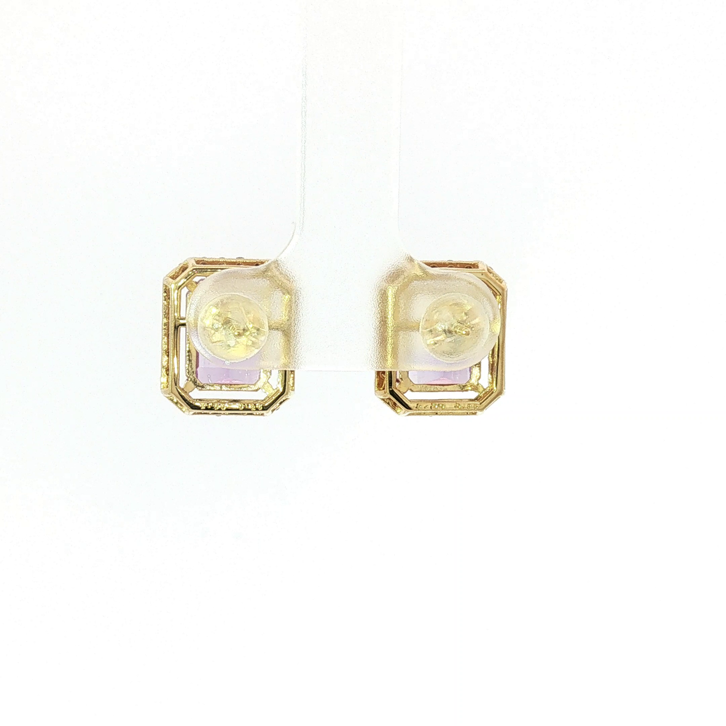 Rectangular Amethyst Halo Stud Earrings in Yellow Gold