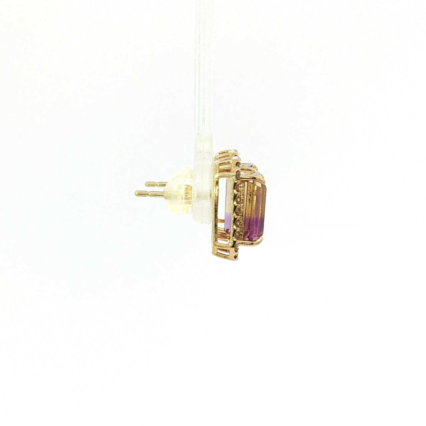 Rectangular Amethyst Halo Stud Earrings in Yellow Gold