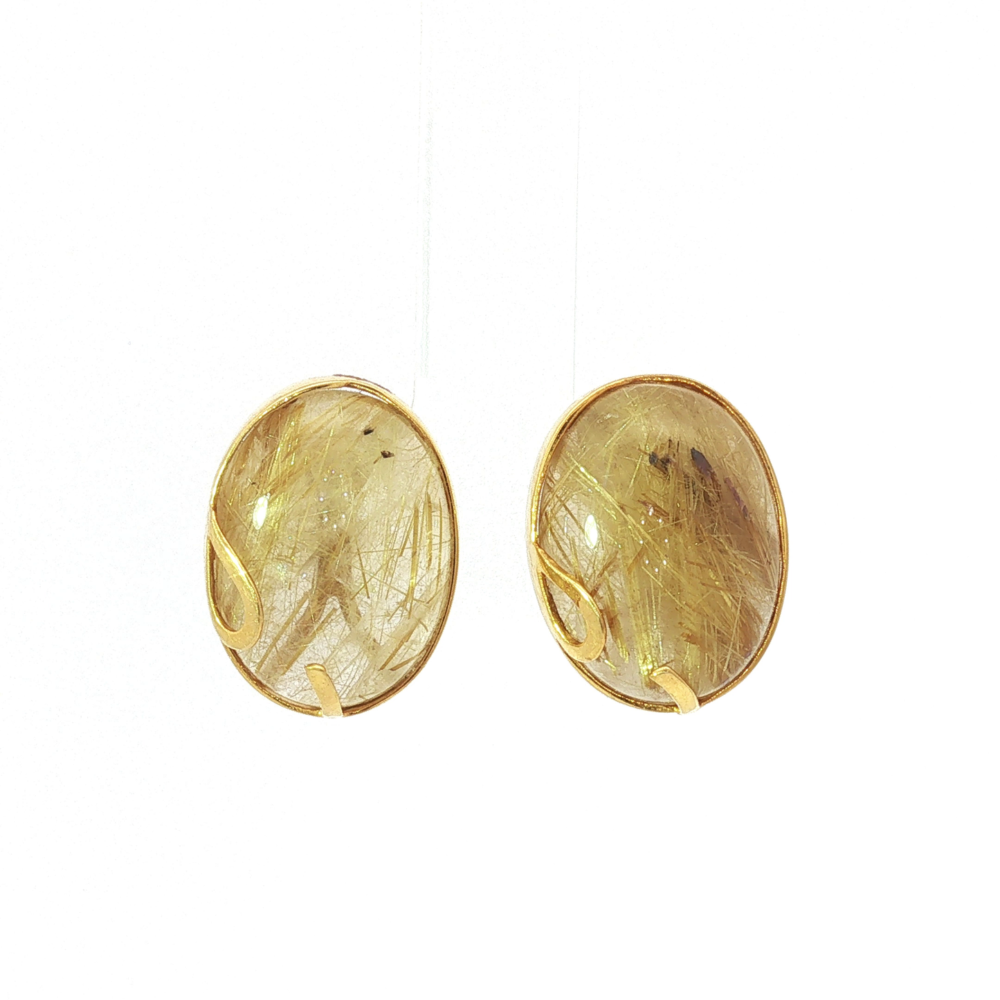 Oval Rutilated Quartz Stud Earrings in Yellow Gold