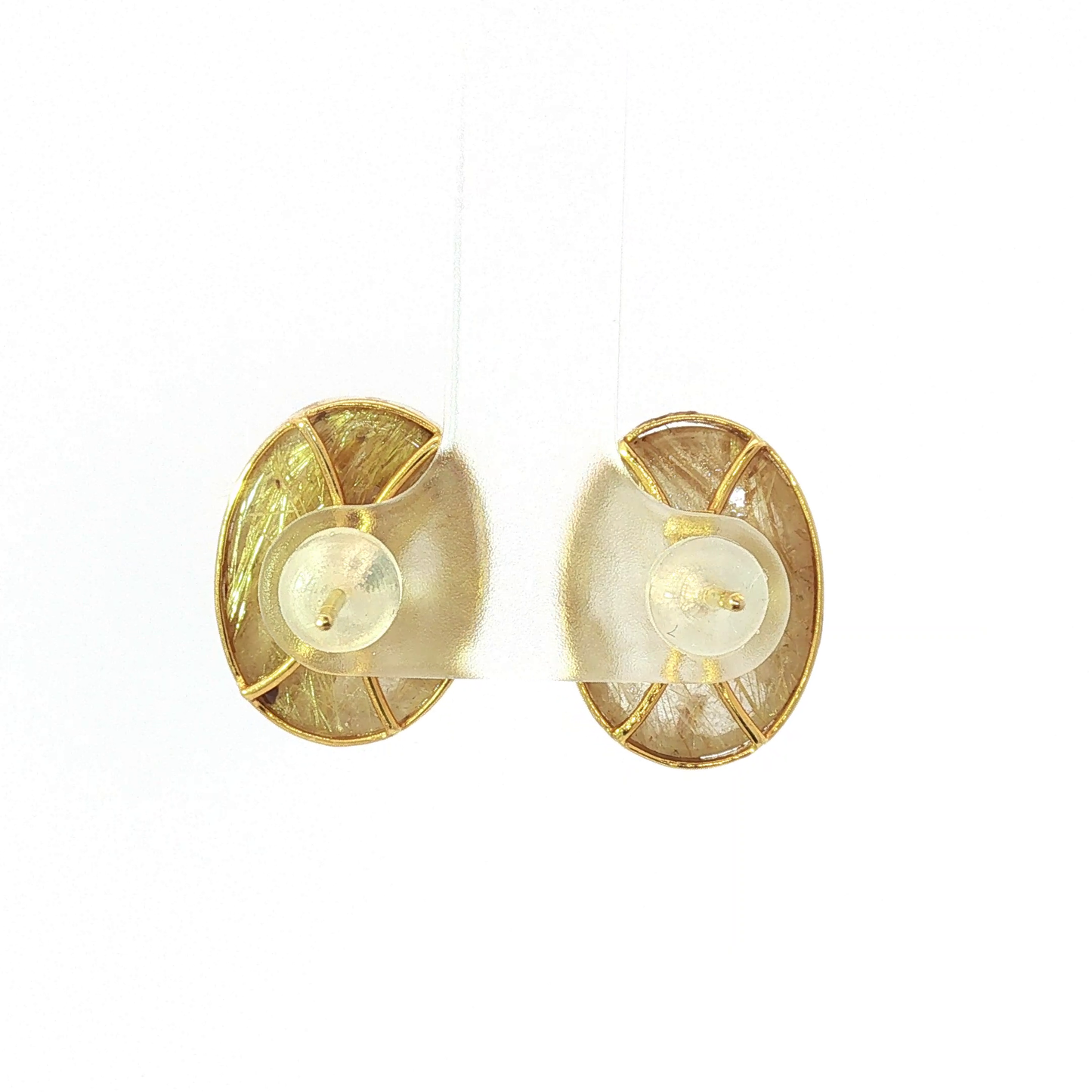 Oval Rutilated Quartz Stud Earrings in Yellow Gold