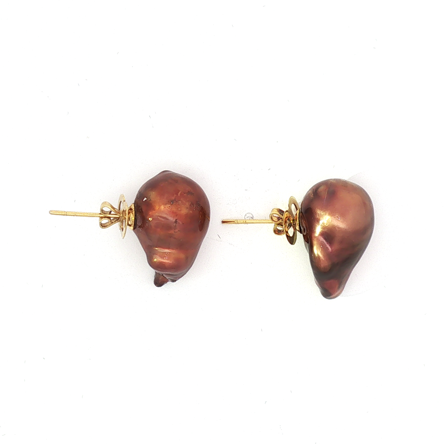 Bronze Baroque Pearl Stud Earrings in Yellow Gold