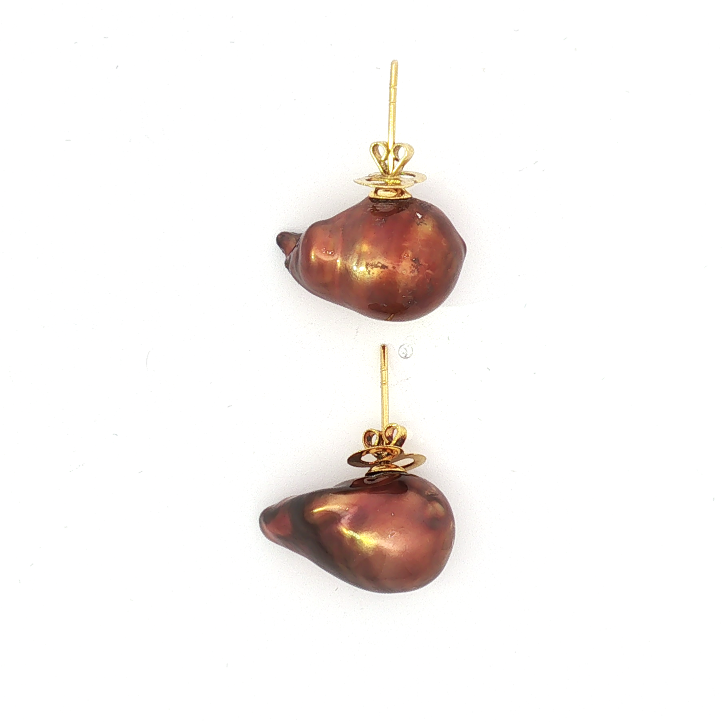 Bronze Baroque Pearl Stud Earrings in Yellow Gold