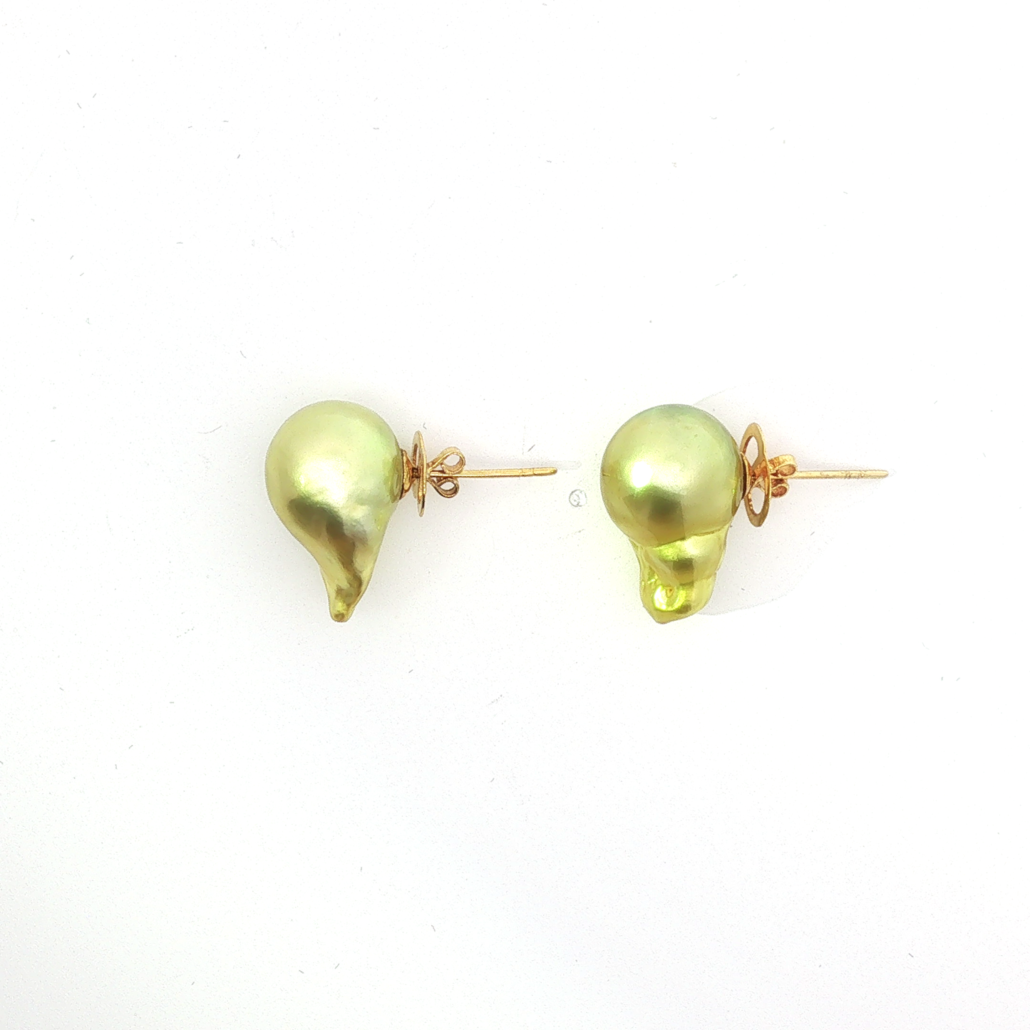 Golden Green Baroque Pearl Stud Earrings in Yellow Gold