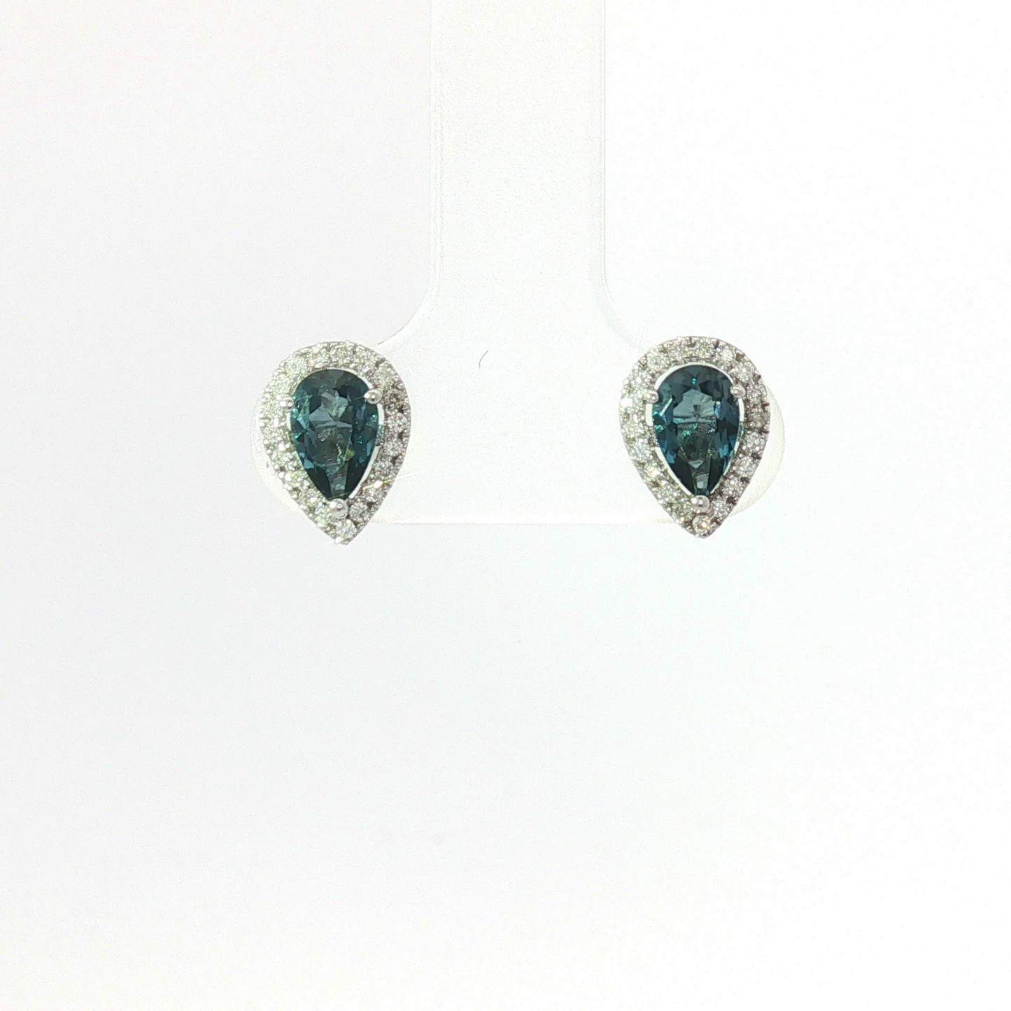 Pear-Cut Peacock Blue Sapphire Halo Studs — White Gold