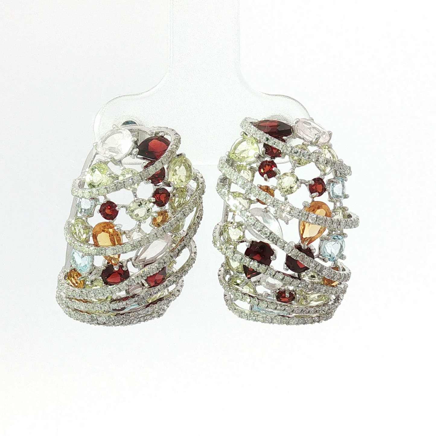 Multi-Gemstone Wire Cage Hoop Earrings in White Gold