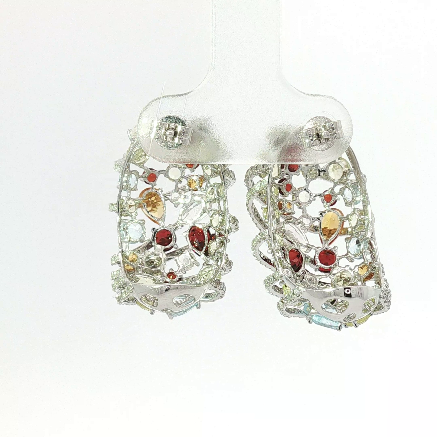 Multi-Gemstone Wire Cage Hoop Earrings in White Gold