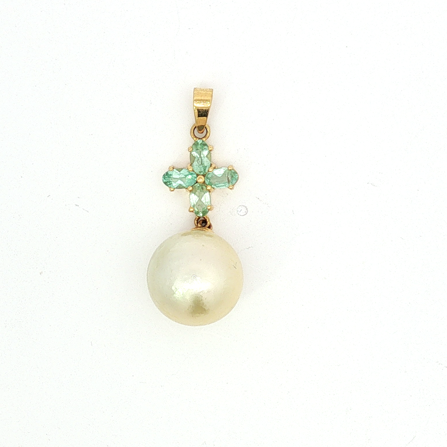 Yellow Gold Pearl Drop Pendant and Earrings with Green Stone Motif