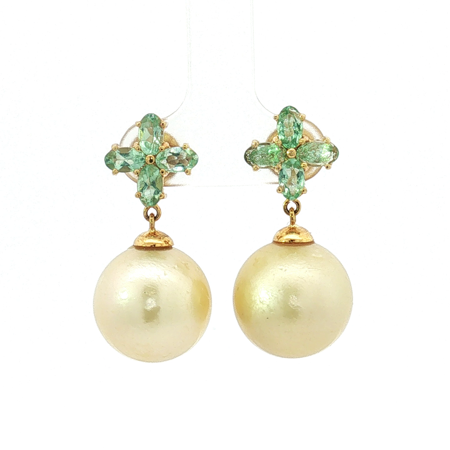 Yellow Gold Pearl Drop Pendant and Earrings with Green Stone Motif