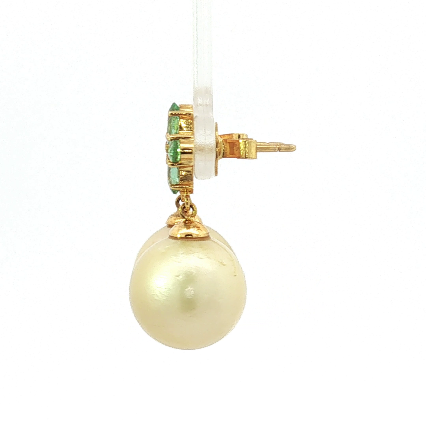 Yellow Gold Pearl Drop Pendant and Earrings with Green Stone Motif