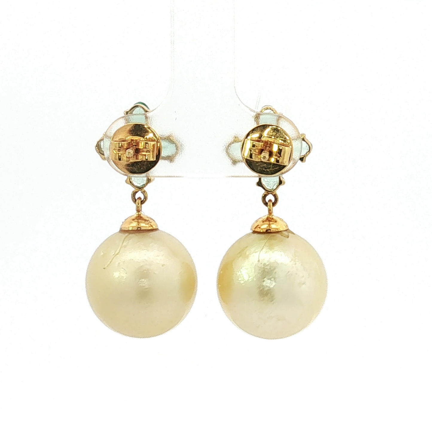 Yellow Gold Pearl Drop Pendant and Earrings with Green Stone Motif