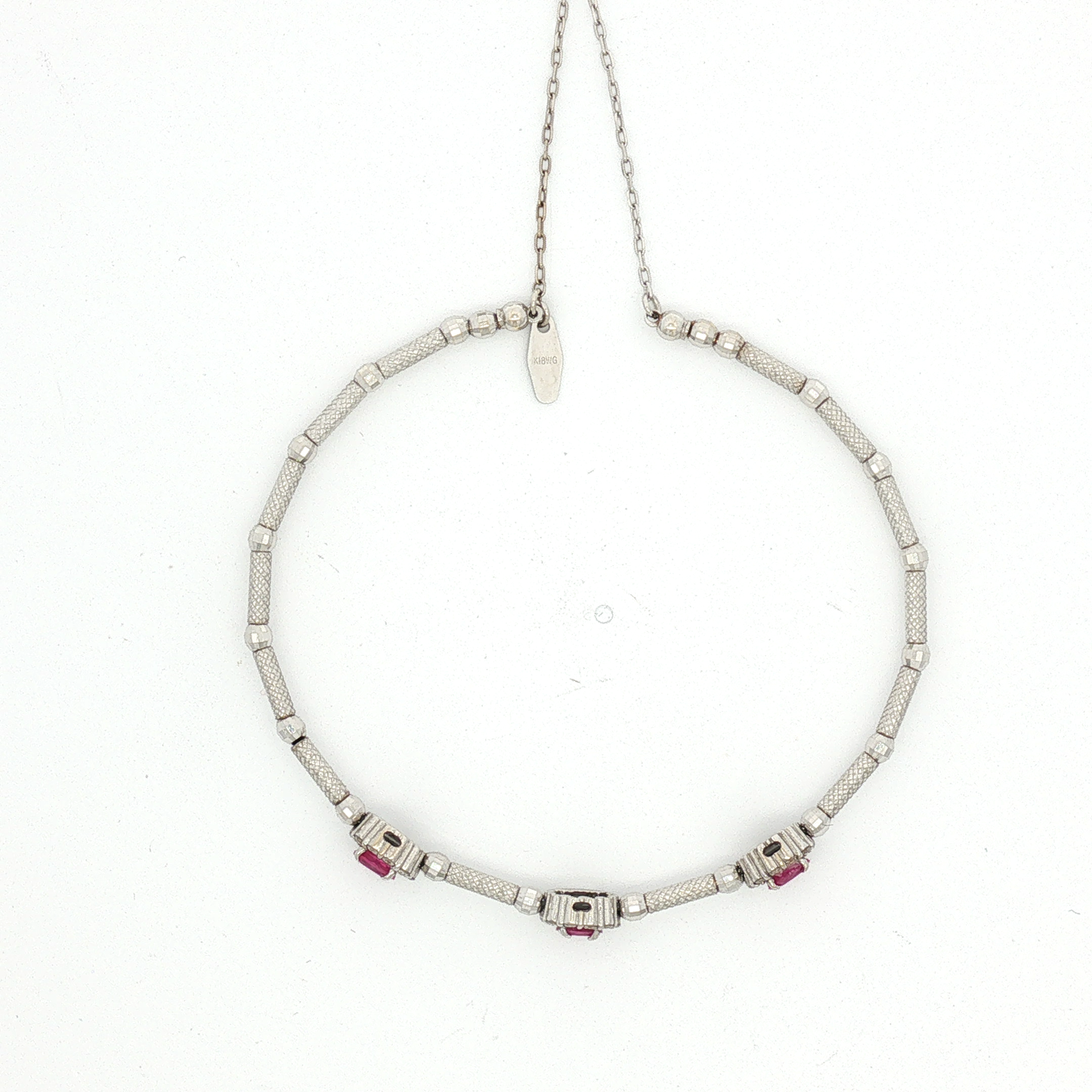 White Gold Textured Choker Necklace with Three Red Rubies