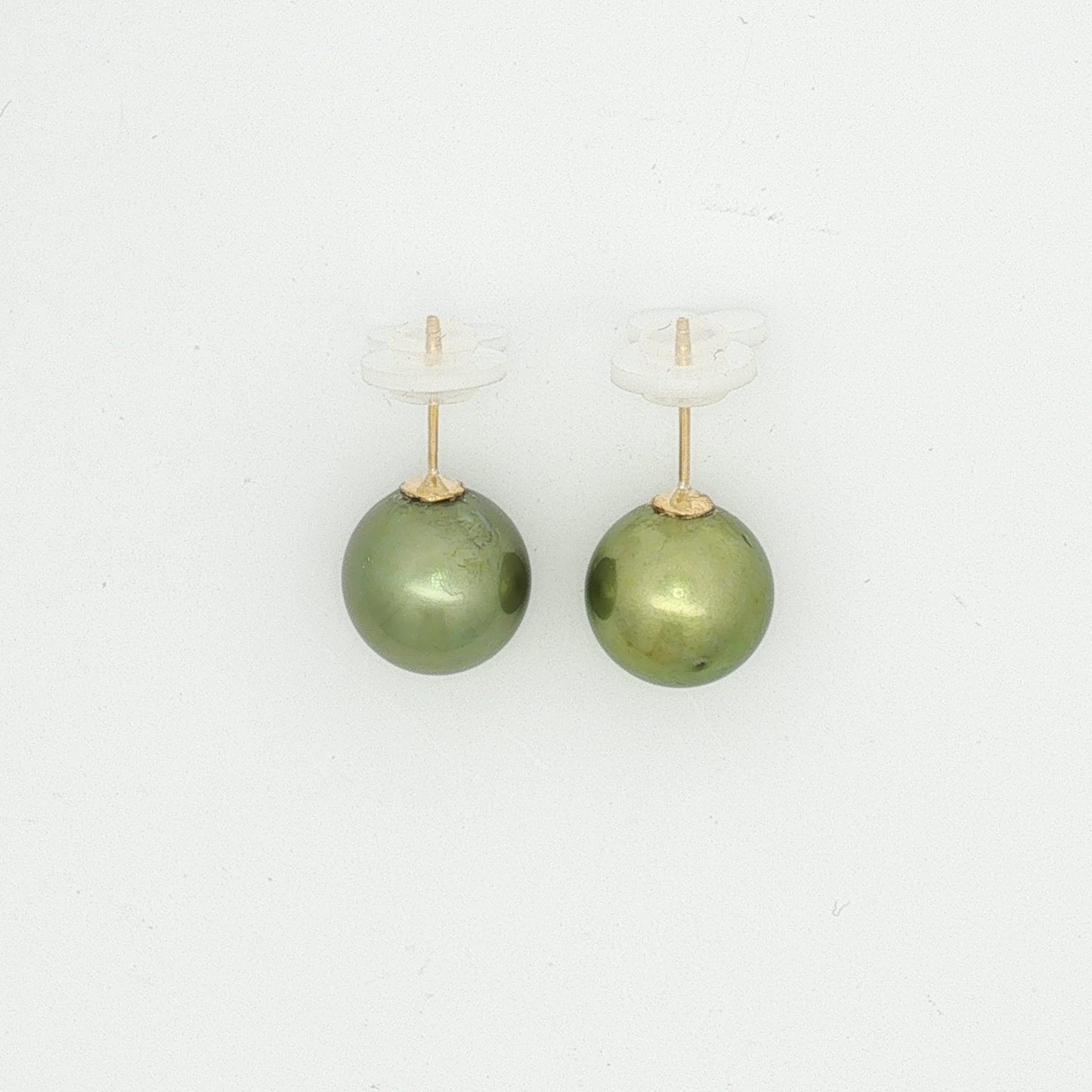 Green Pearl Stud Earrings in Yellow Gold