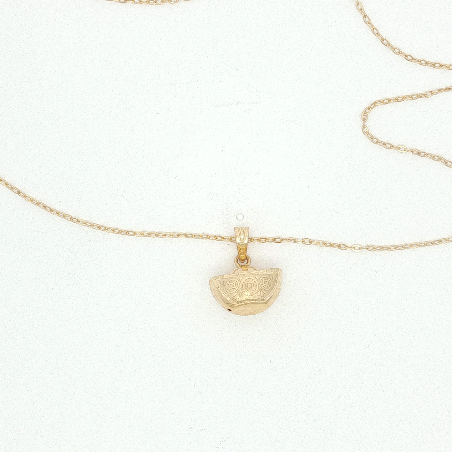 Yellow Gold Engraved Wealth Bowl Charm Necklace