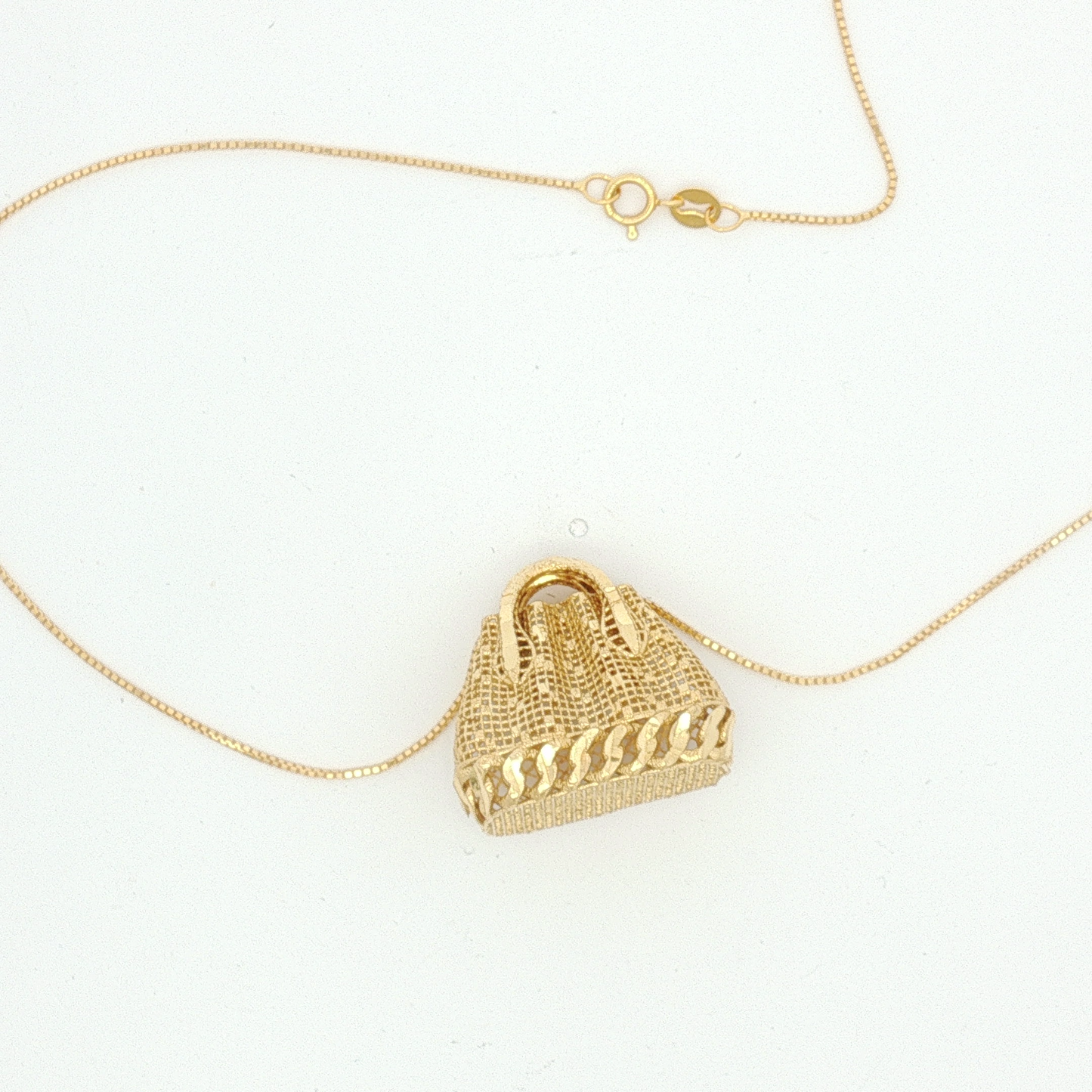 Woven Handbag Charm Necklace in Yellow Gold