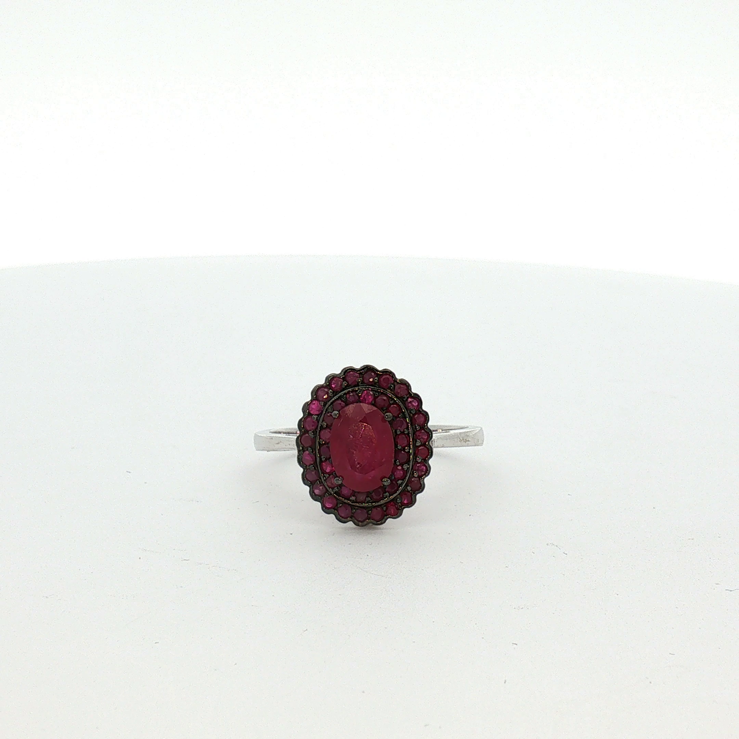 White Gold Oval Ruby Double Halo Cocktail Ring / BEE-NBNNE