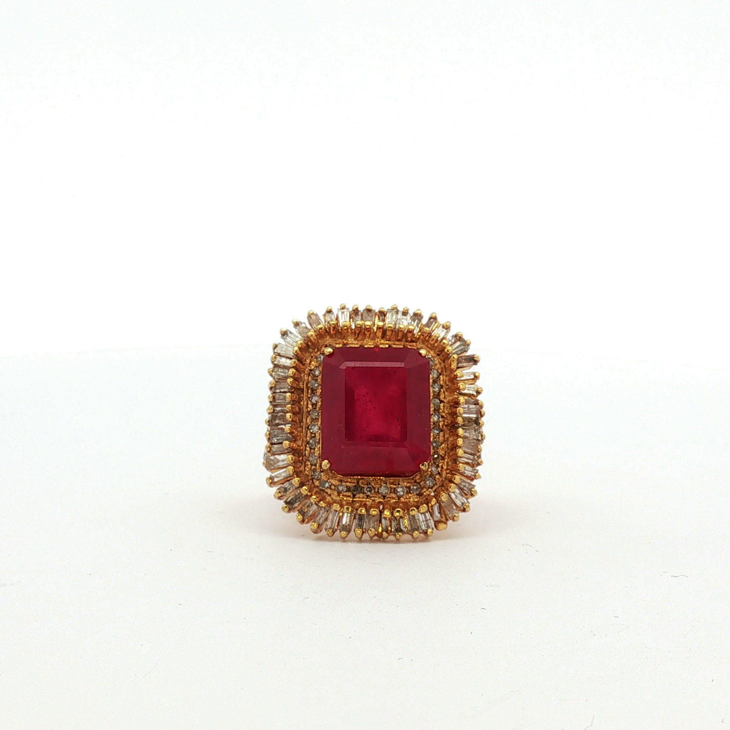 Emerald-Cut Ruby Double Halo Cocktail Ring in Yellow Gold / UNB-OBEOL