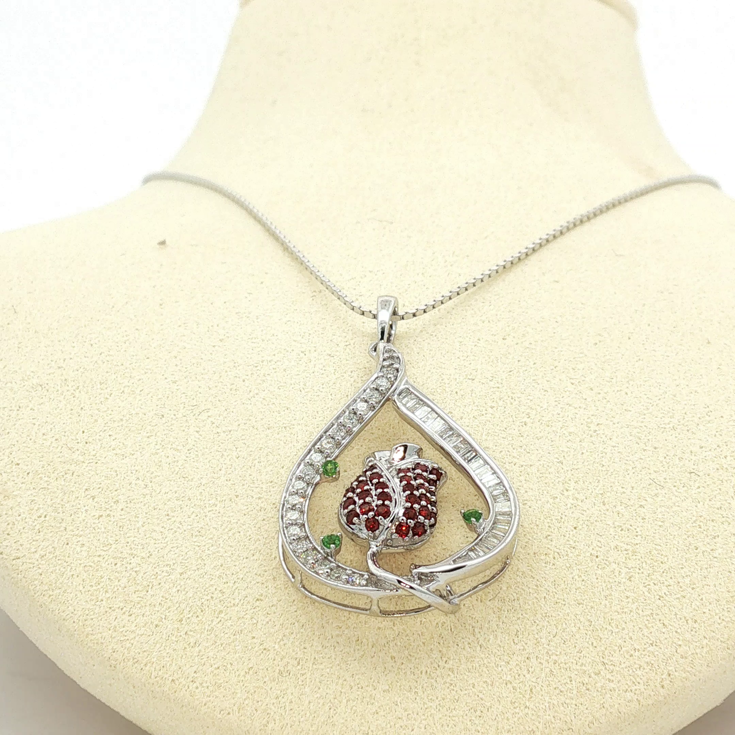 White Gold Ruby Rose Teardrop Charm Necklace / LOL-NRNN